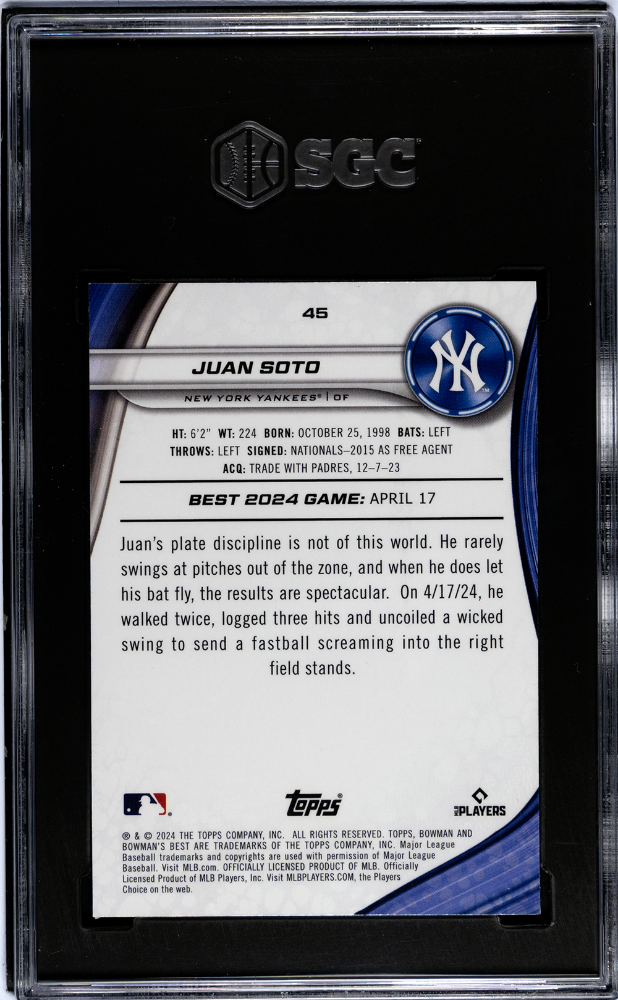 2024 Bowman's Best Juan Soto #45 Purple Mojo Refractor SGC 9.5