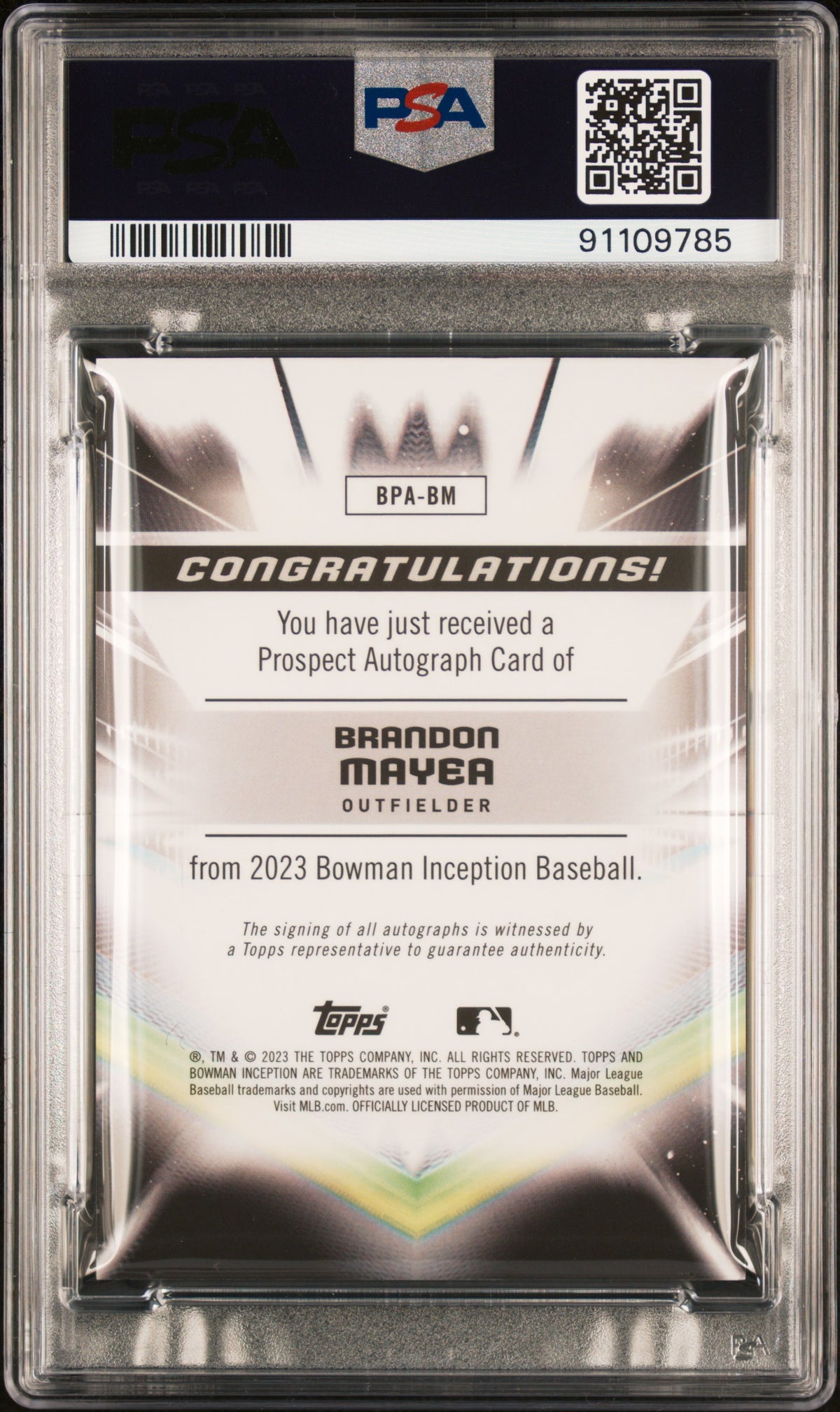2023 Bowman Inception Autographs Brandon Mayea #BPABM Fuchsia Foil 69/75 PSA 9