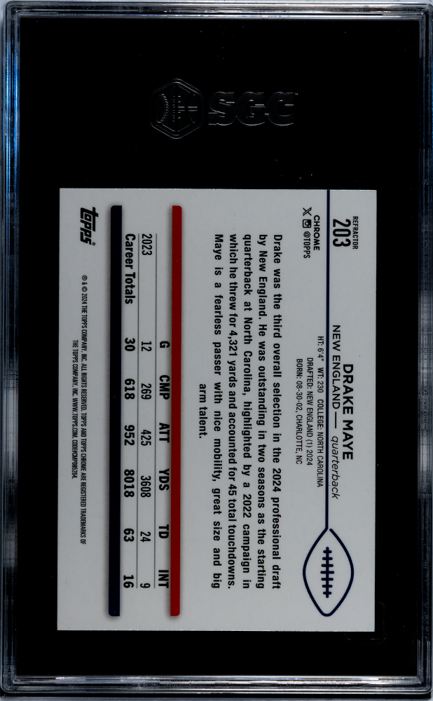 2024 Topps Chrome Drake Maye #203 Refractor SGC 9.5