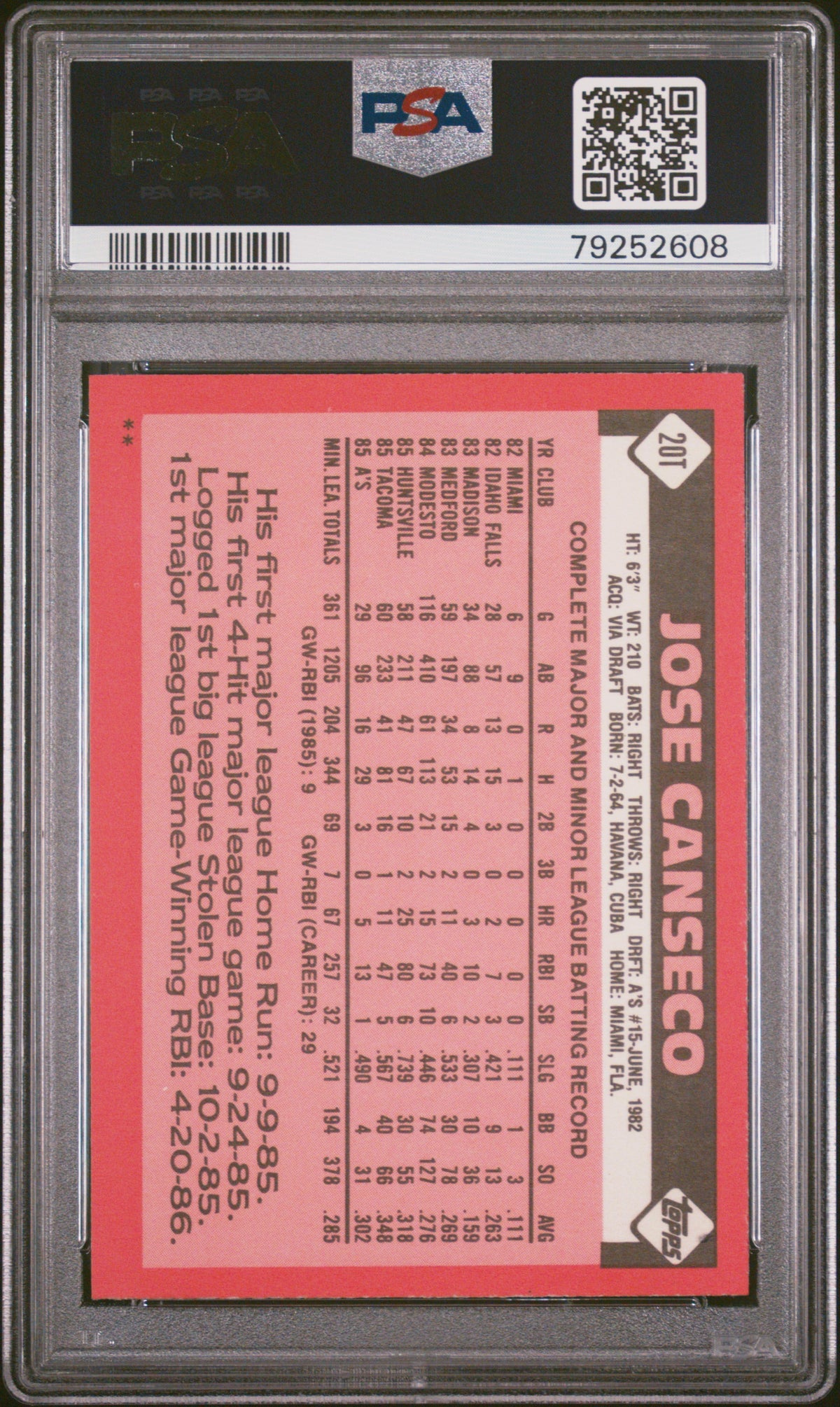 1986 Topps Traded Jose Canseco #20T PSA 8