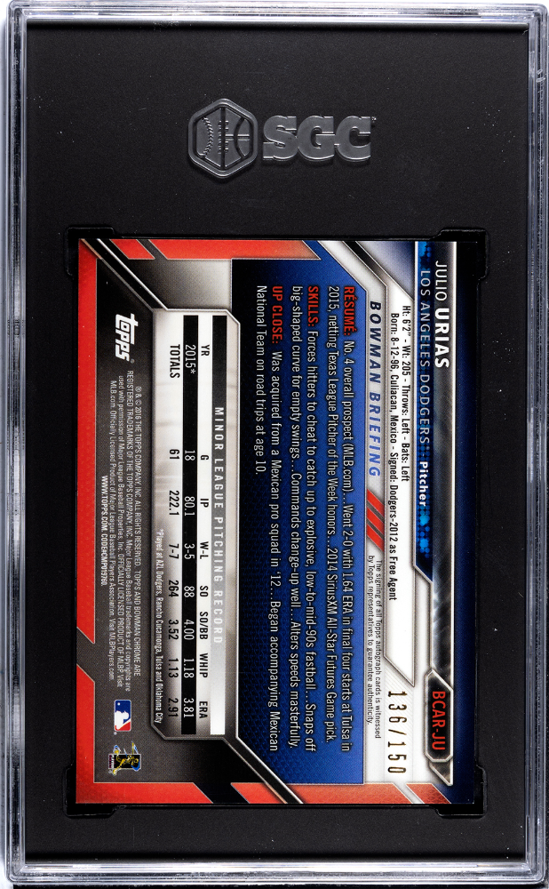 2016 Bowman Julio Urias #BCAR-JU Rookie Auto Blue Refractor SGC 8.5 Auto 10
