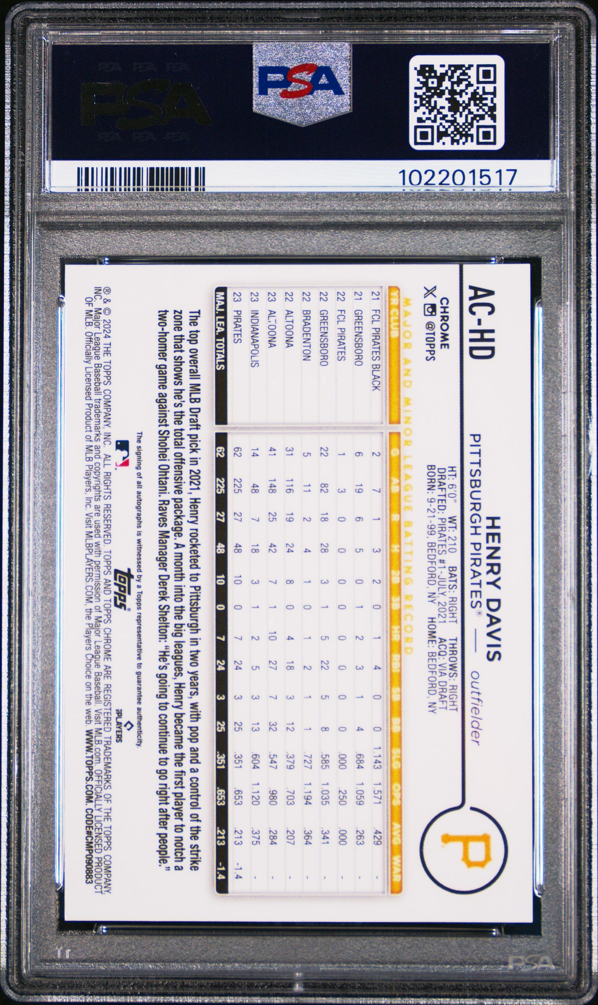 2024 Topps Chrome Update Chrome  Henry Davis #ACHD Purple Speckle /299 PSA 9
