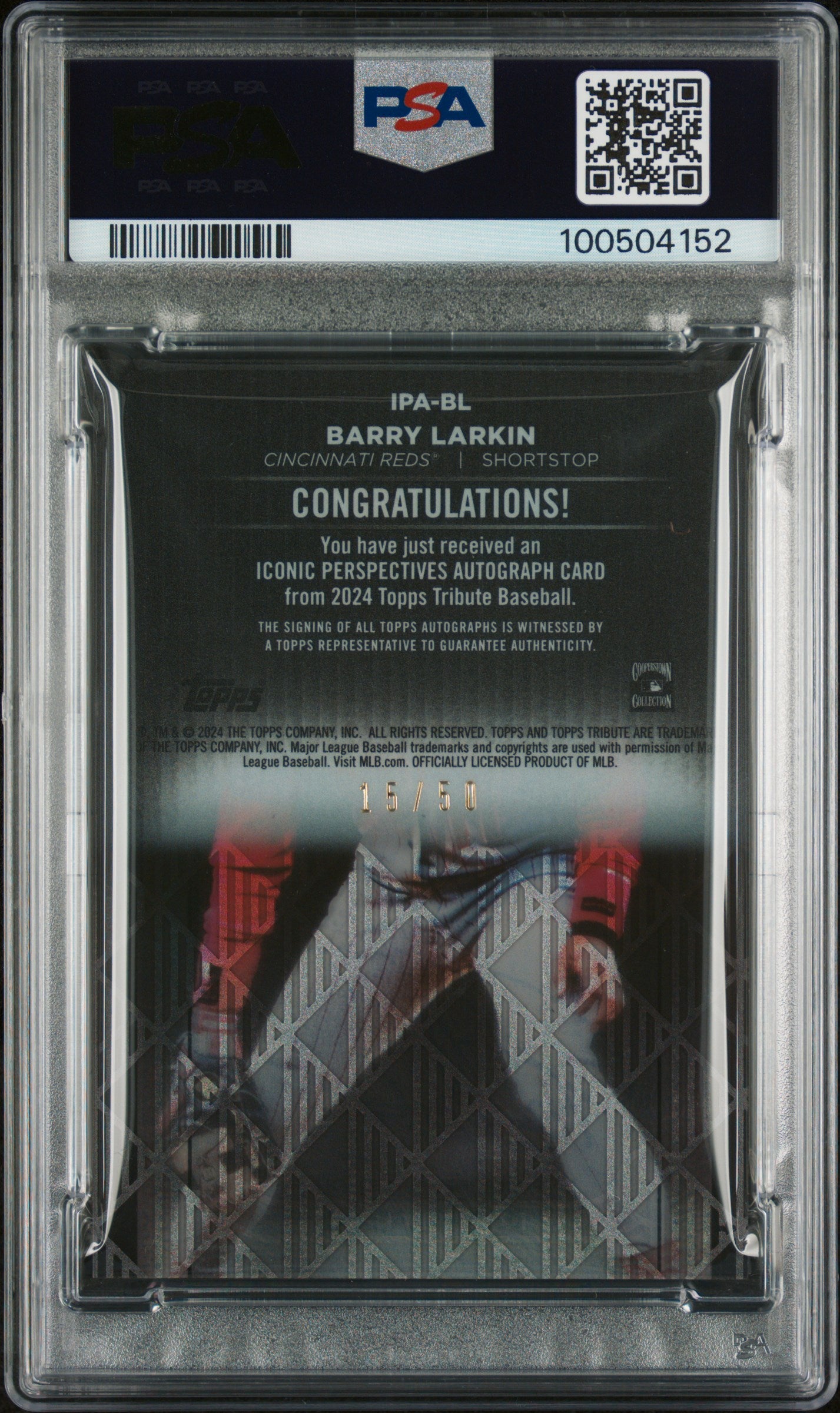2024 Topps Tribute Iconic Perspectives Autographs Barry Larkin #IPABL PSA 10