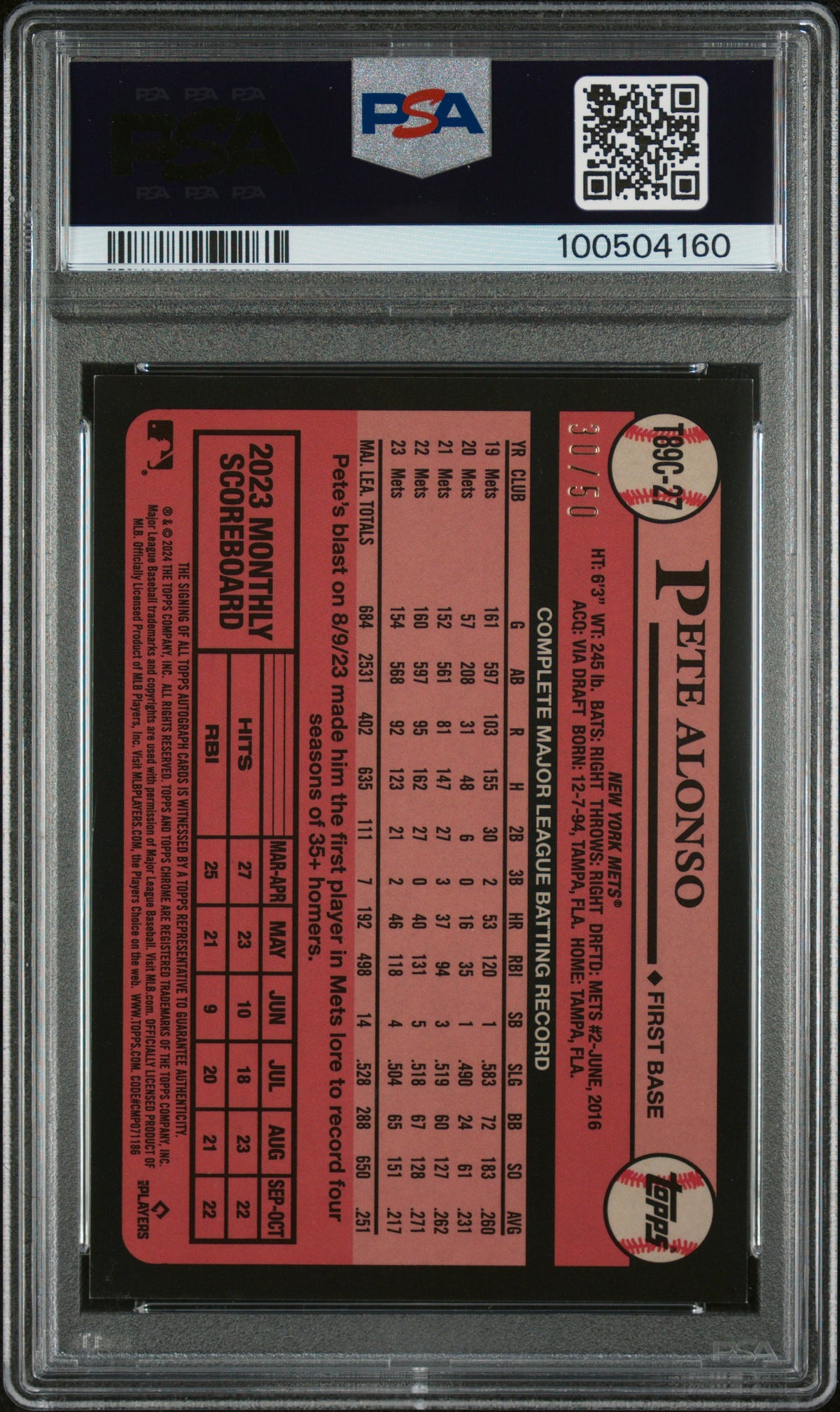 2024 Topps Silver Chrome Promo Pete Alonso #T89C27 Auto Gold Refractor PSA 10