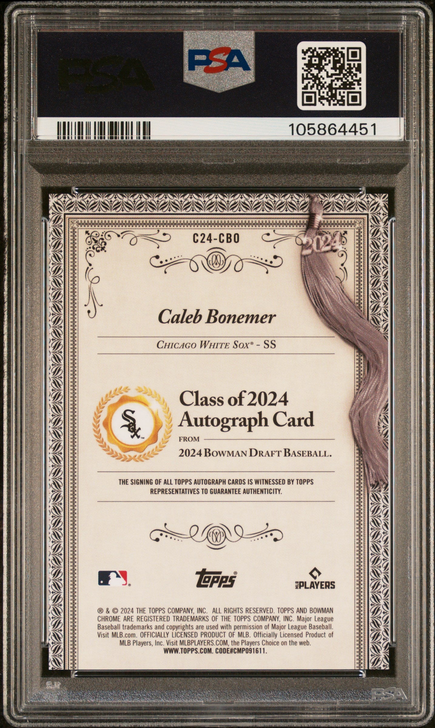 2024 Bowman Draft Class Of 2024 Auto Caleb Bonemer #C24CBO Gold Ref 16/50 PSA 10