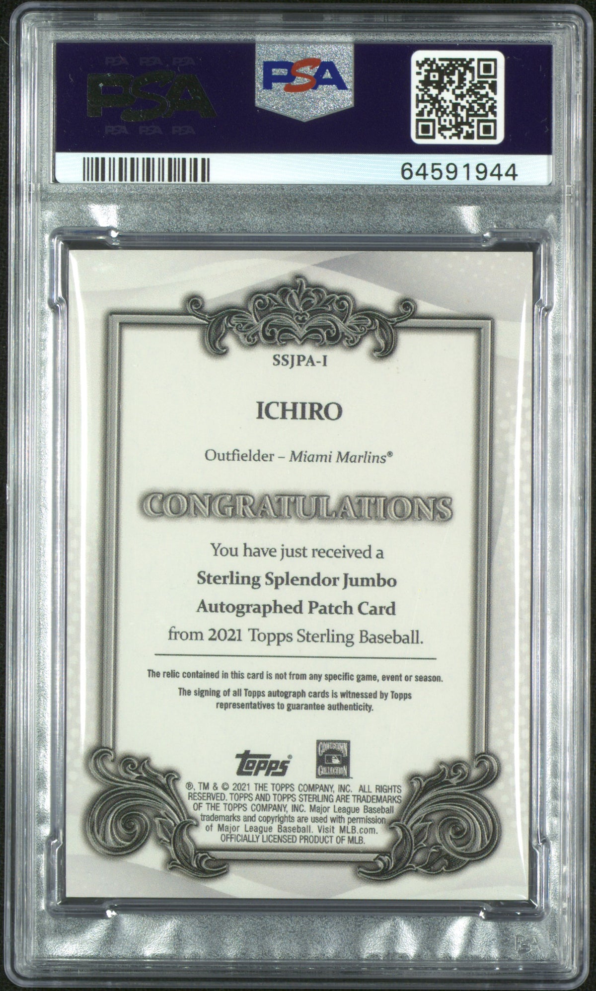 2021 Topps Sterling Splendor Jumbo Autographed Patch Ichiro 1/6 PSA