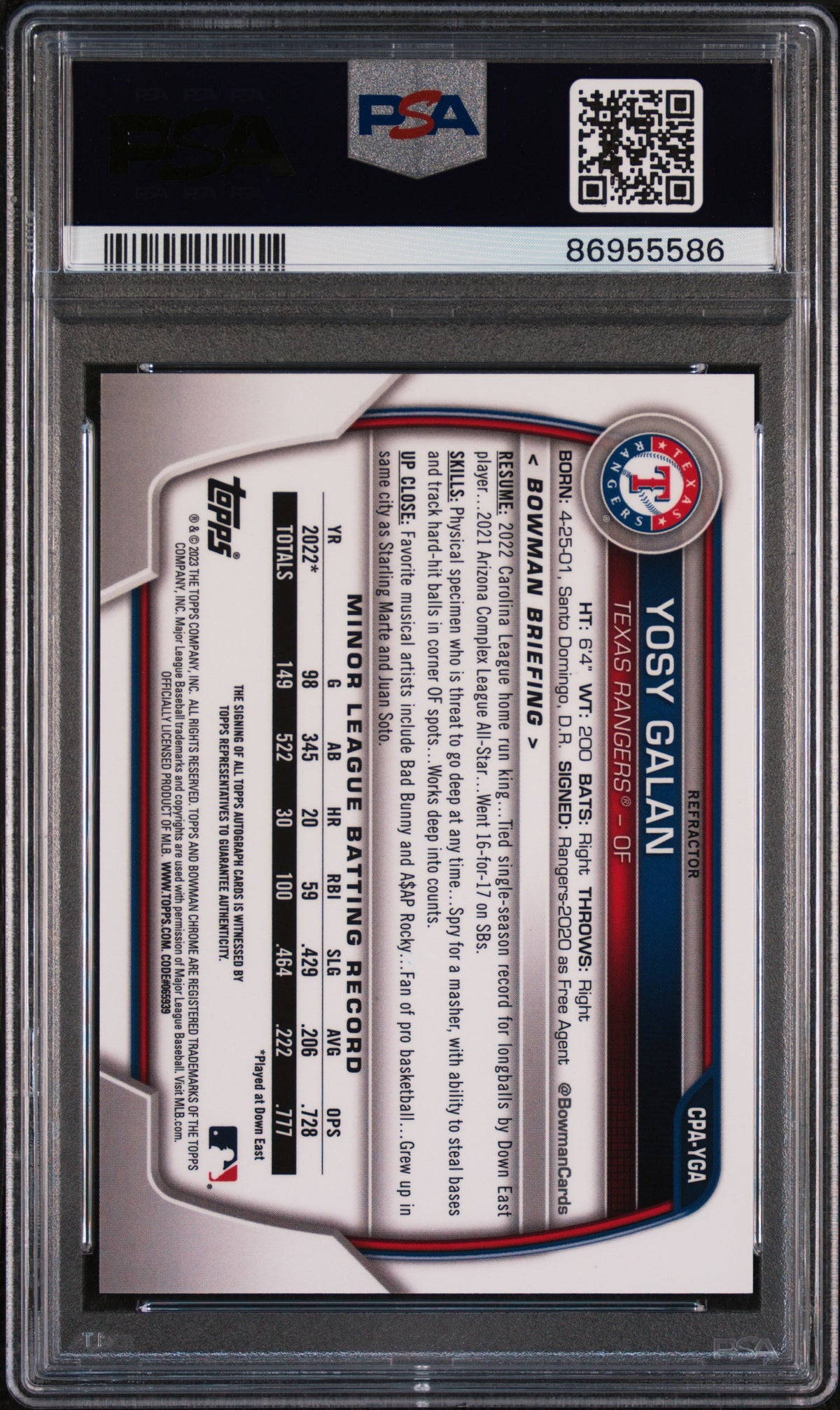 2023 Bowman Chrome Prospect Autographs Yosy Galan #CPAYGA Refractor /498 PSA 10