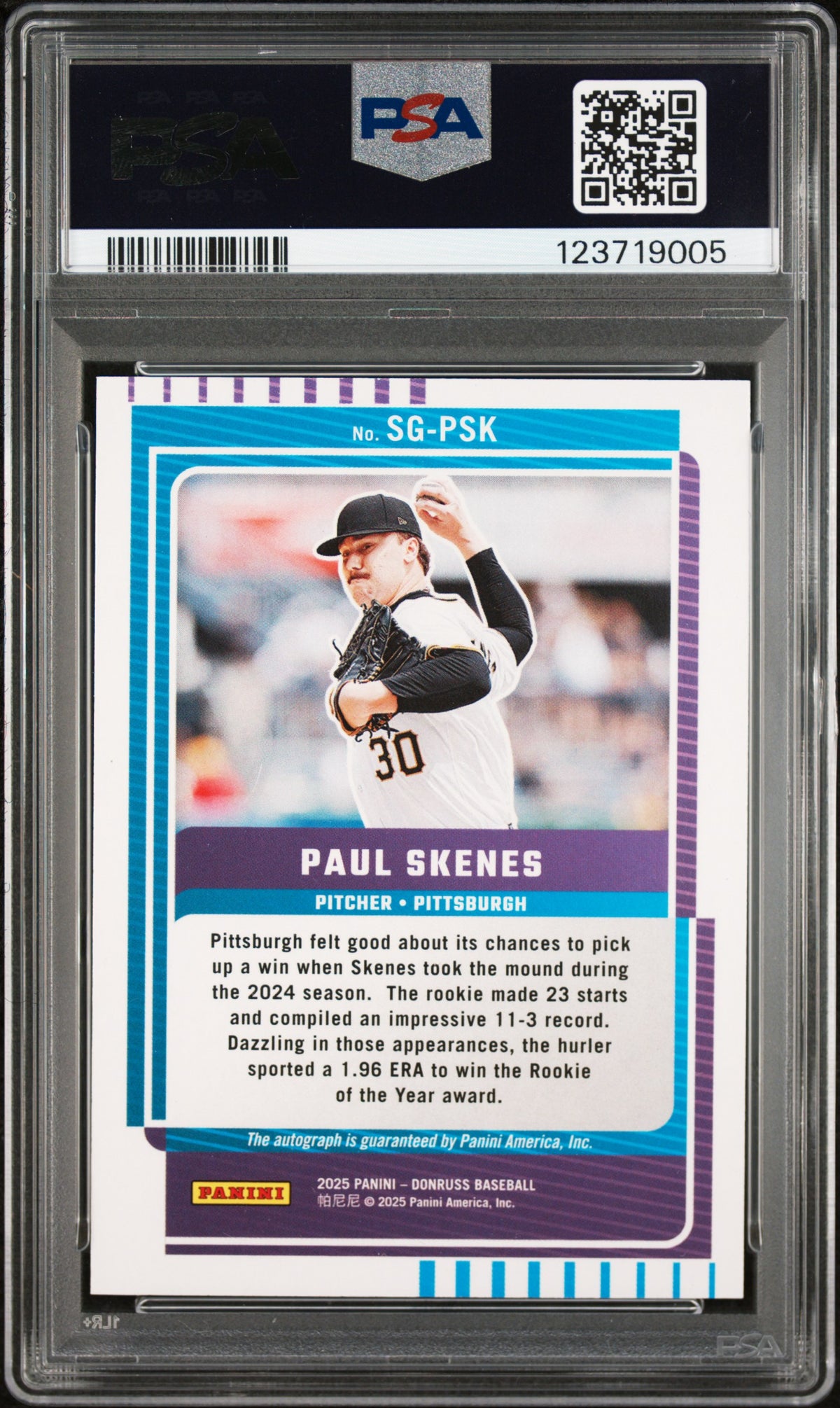 2025 Panini Donruss Signature Series Paul Skenes #SGPSK Blue Laser 18/25 PSA 9