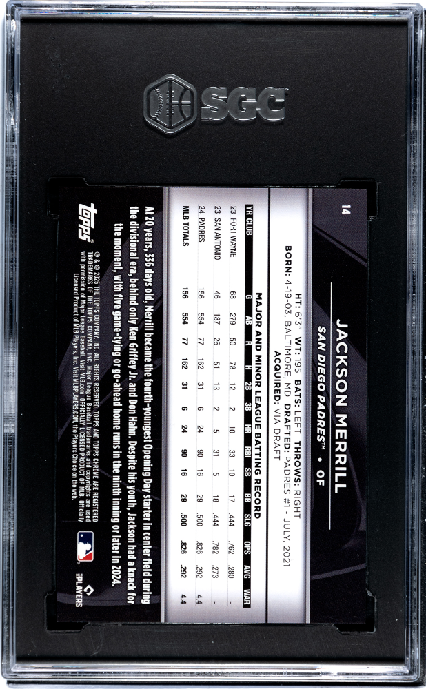 2025 Topps Chrome Black Jackson Merrill #14 Blue Refractor SGC 9.5