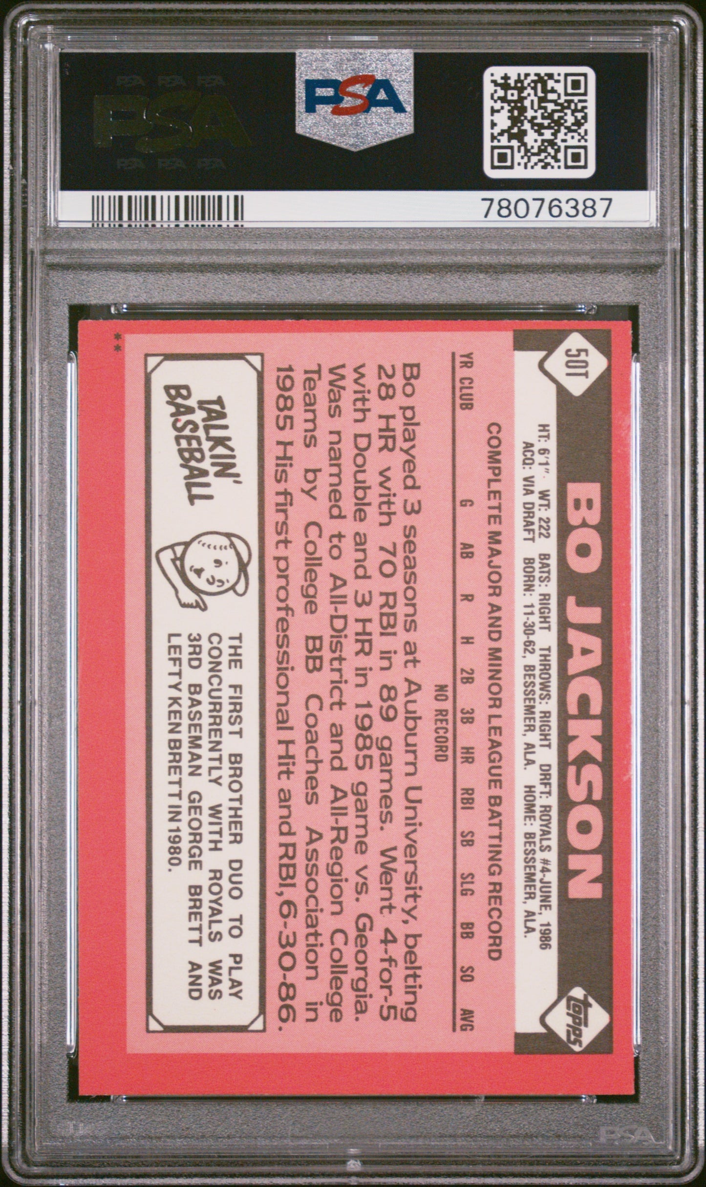 1986 Topps Traded Bo Jackson #50T PSA 6