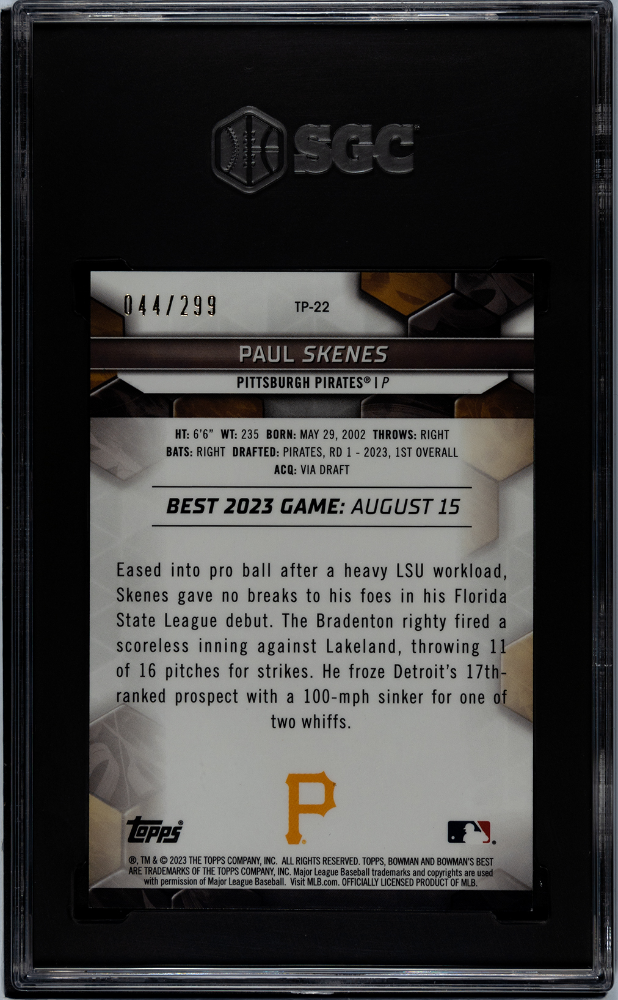 2023 Bowman's Paul Skenes #TP-22 Top Prospects Mini Diamond Refractor SGC 10