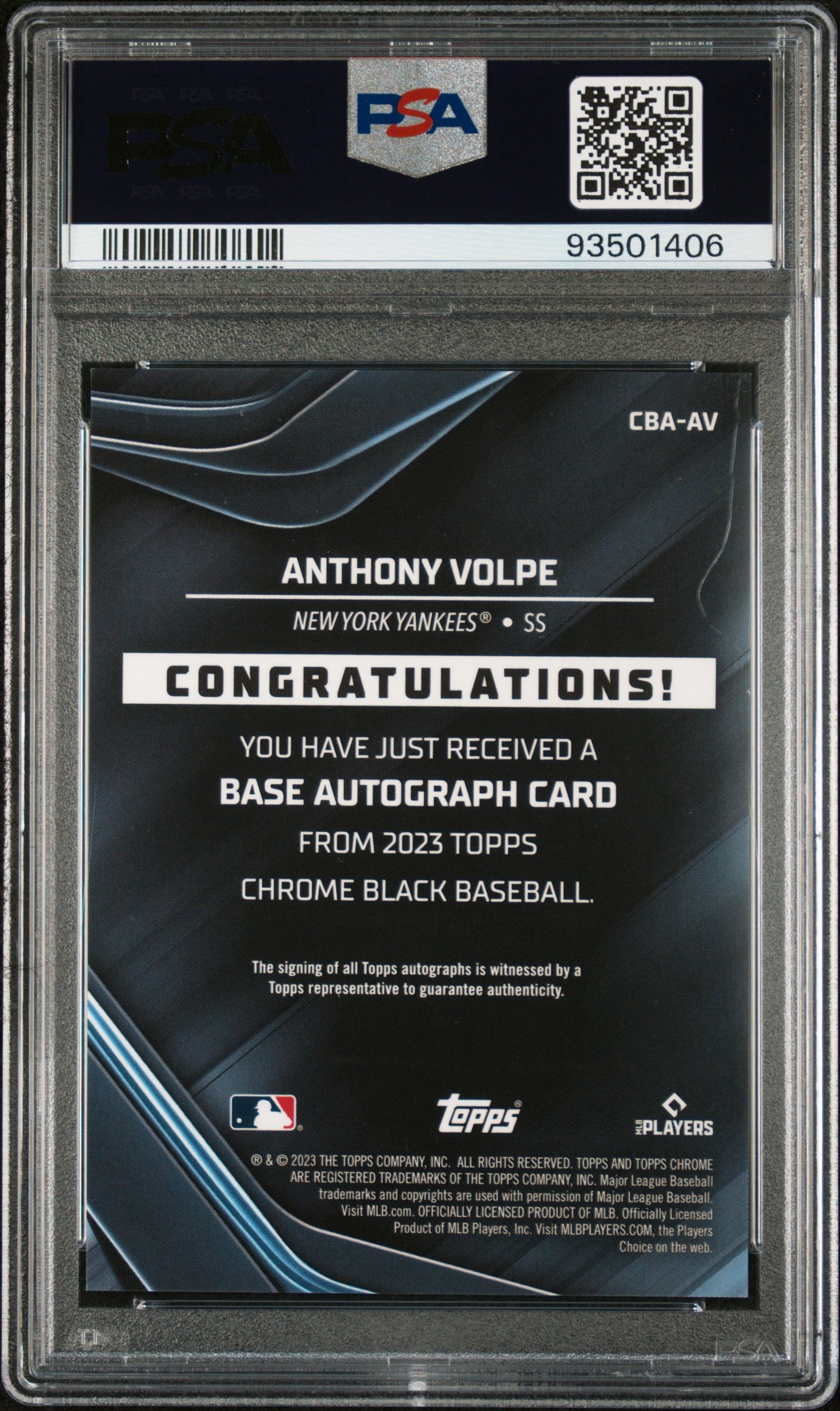 2023 Topps Chrome Black Autographs Anthony Volpe #AV Refractor 022/150 PSA 10