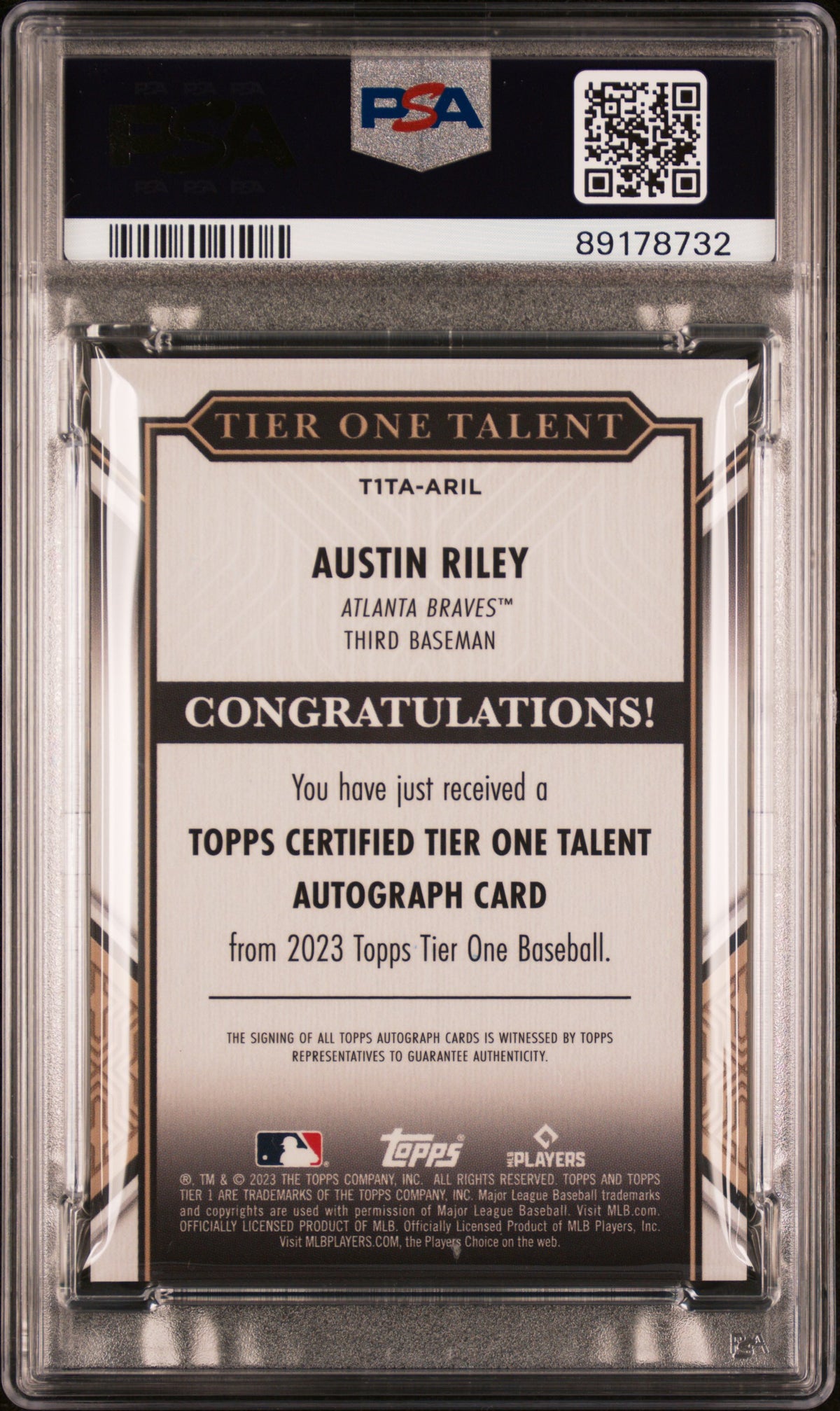 2023 Topps Tier One Tier One Talent Auto Austin Riley #T1TAARIL /199 PSA 10