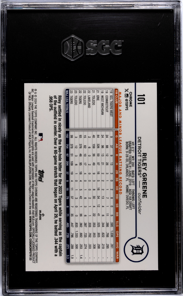 2024 Topps Chrome Logofractor Riley Greene #101 Aqua Refractor SGC 9