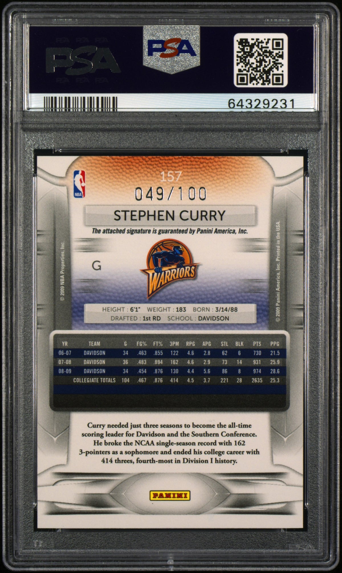 2009 Panini Prestige Stephen Curry #157 D. P. Light Blue Autograph PSA 9 # /100
