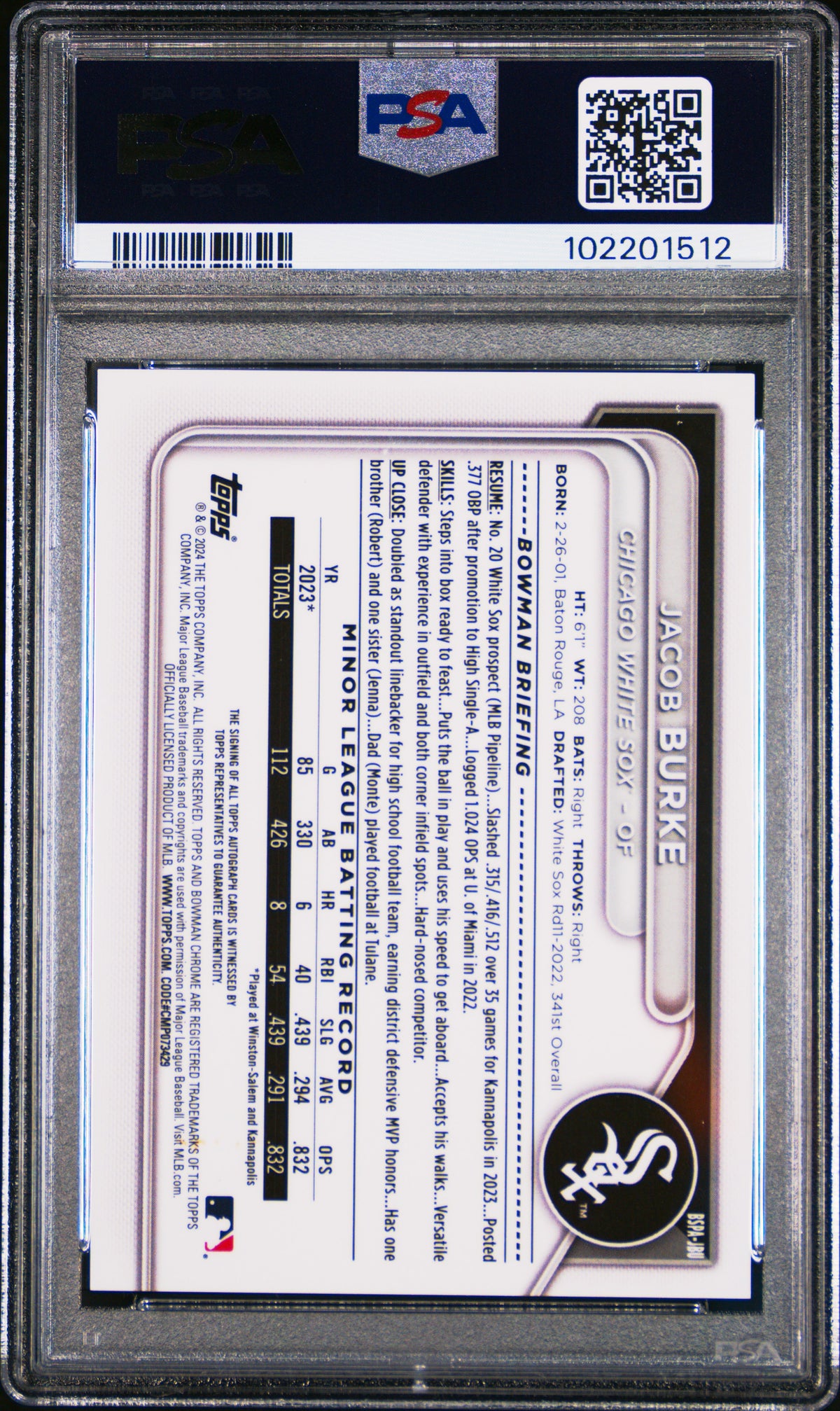 2024 Bowman Sapphire Chrome Prospects Auto Jacob Burke #JBU Green /99 PSA