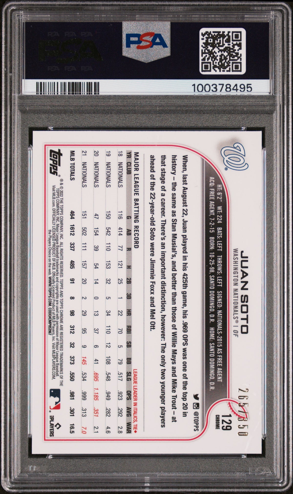 2022 Topps Chrome Juan Soto #129 Magenta Speckle Refractor PSA 9