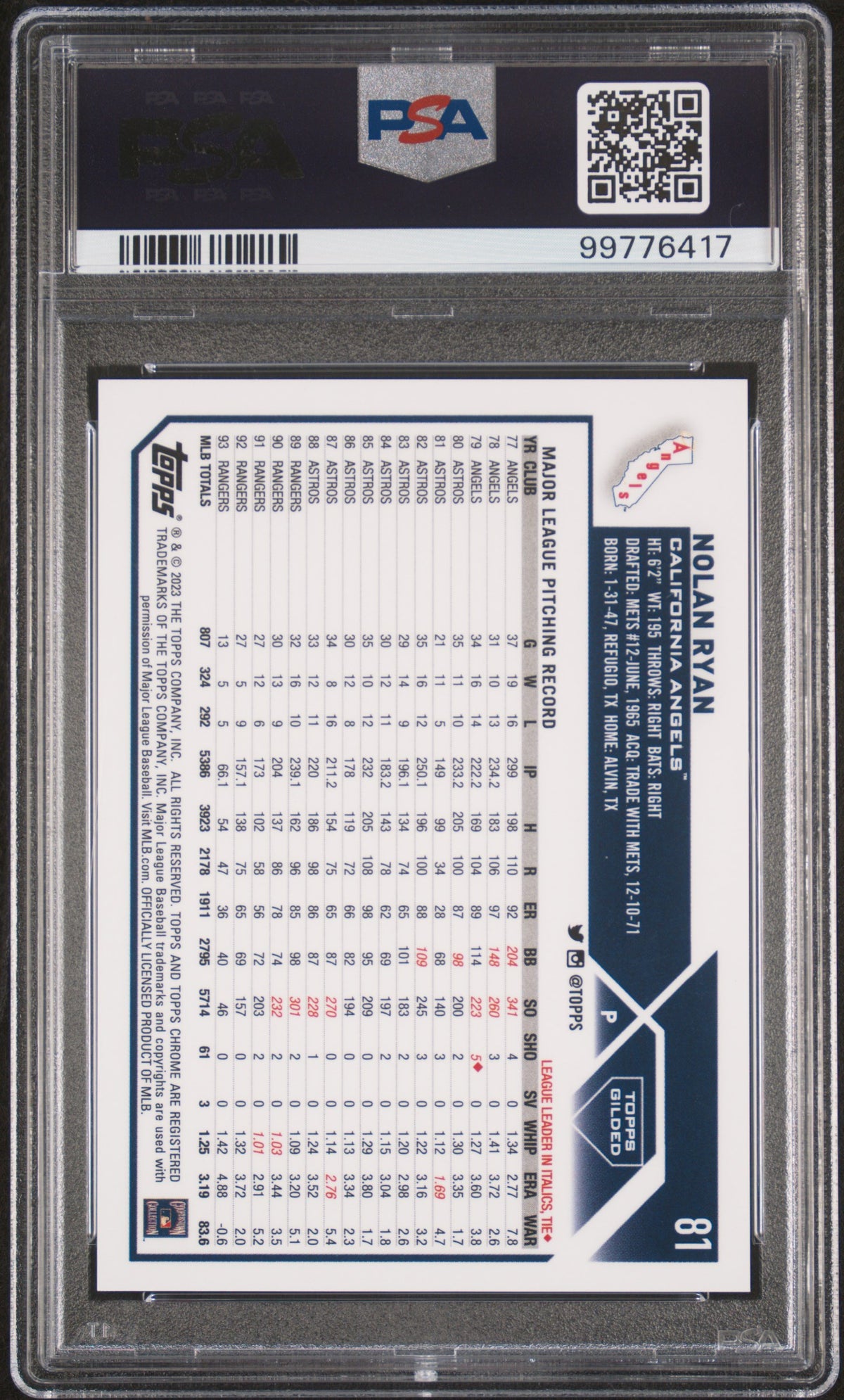 2023 Topps Gilded Collection Nolan Ryan #81 90/99 PSA 9