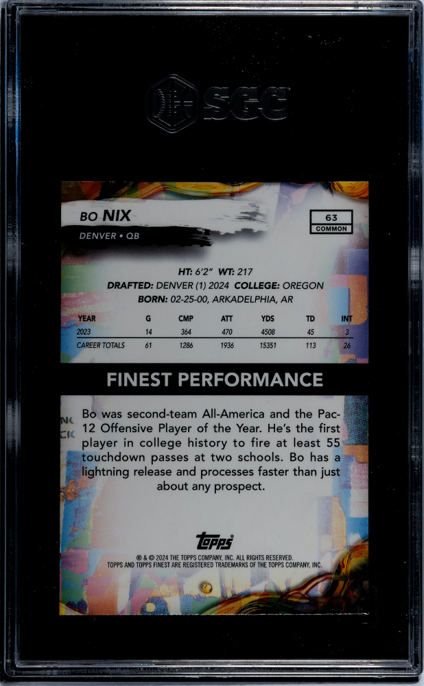 2024 Topps Finest Bo Nix #63 Purple Refractor SGC 8.5