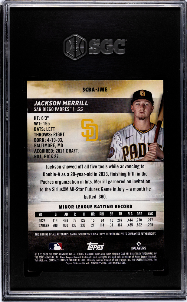 2024 Topps Stadium Club Jackson Merrill #SCBA-JME Autograph SGC 8.5 Auto 10