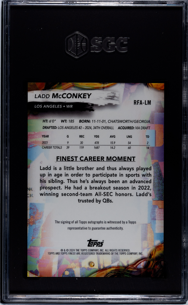 2024 Topps Finest Ladd Mcconkey #RFA-LM Rookie Oil Spill Refractor SGC 9 Auto 10