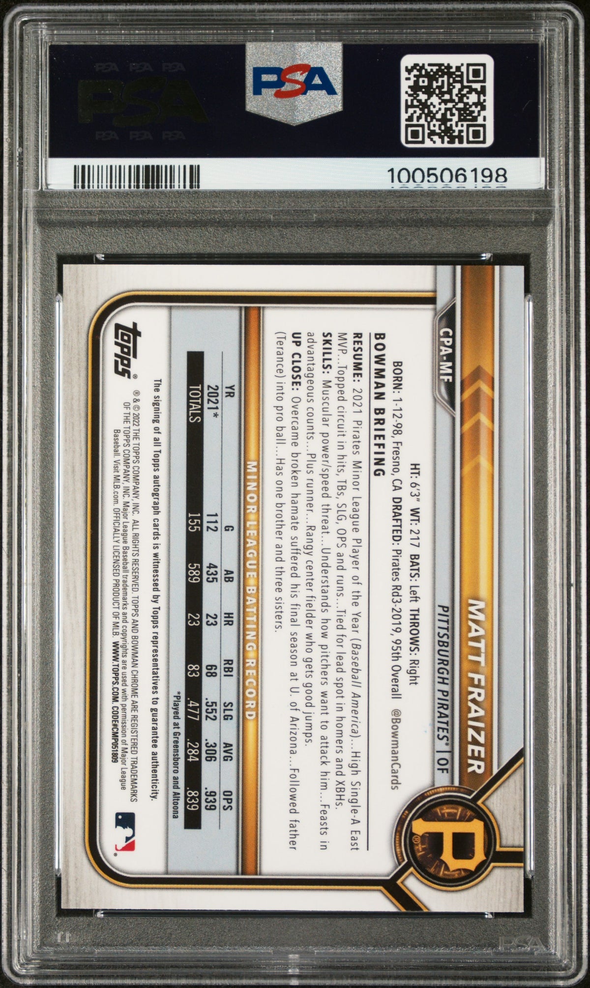 2022 Bowman Chrome Prospect Autographs Matt Fraizer #CPAMF Autograph PSA 10