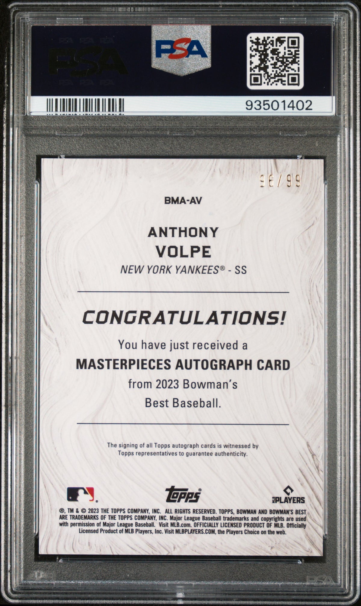 2023 Bowman's Best Bowman Masterpieces Autographs Anthony Volpe #BMAAV PSA 9