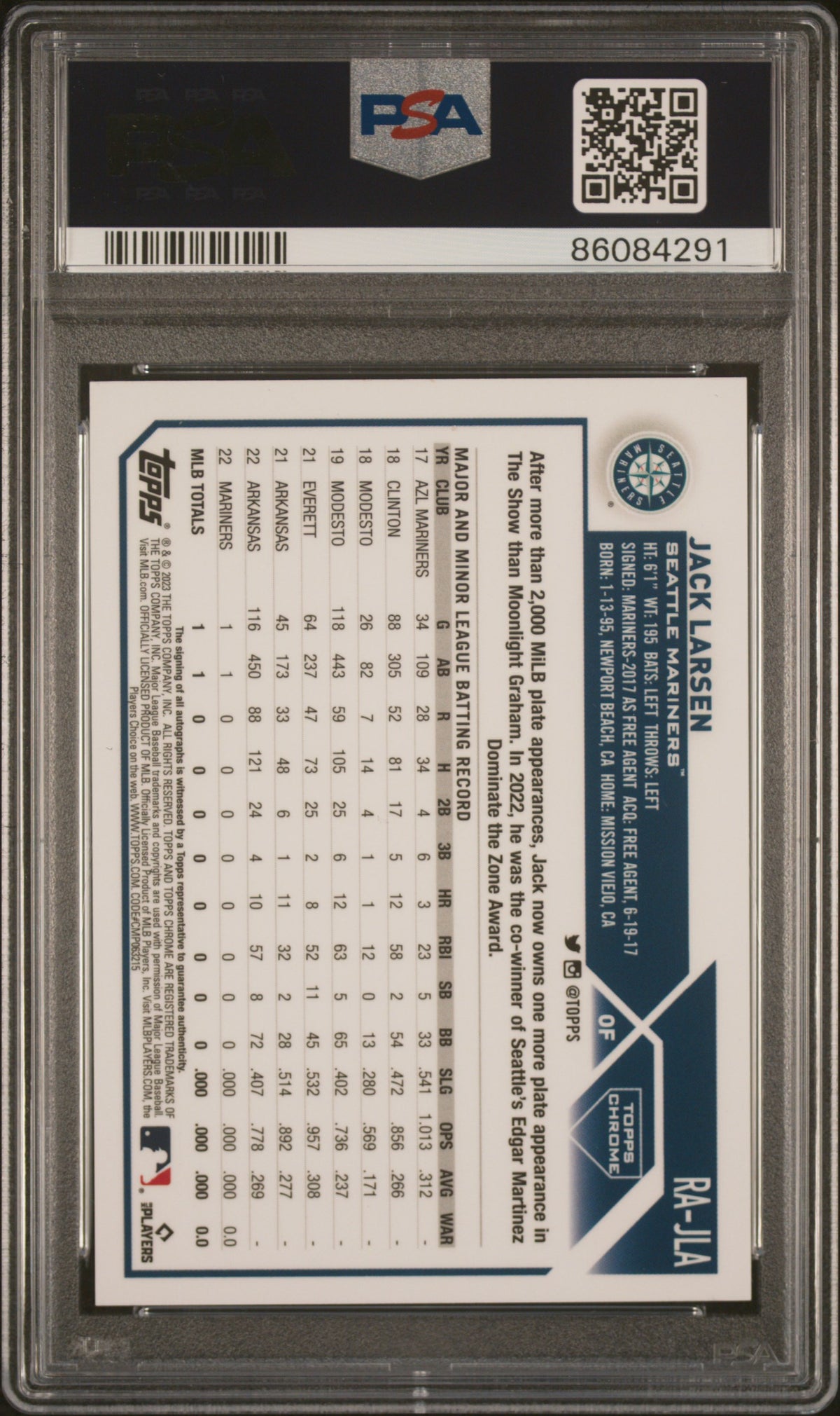 2023 Topps Chrome Rookie Auto Jack Larsen #RAJLA Orange Wave Ref 07/25 PSA 10