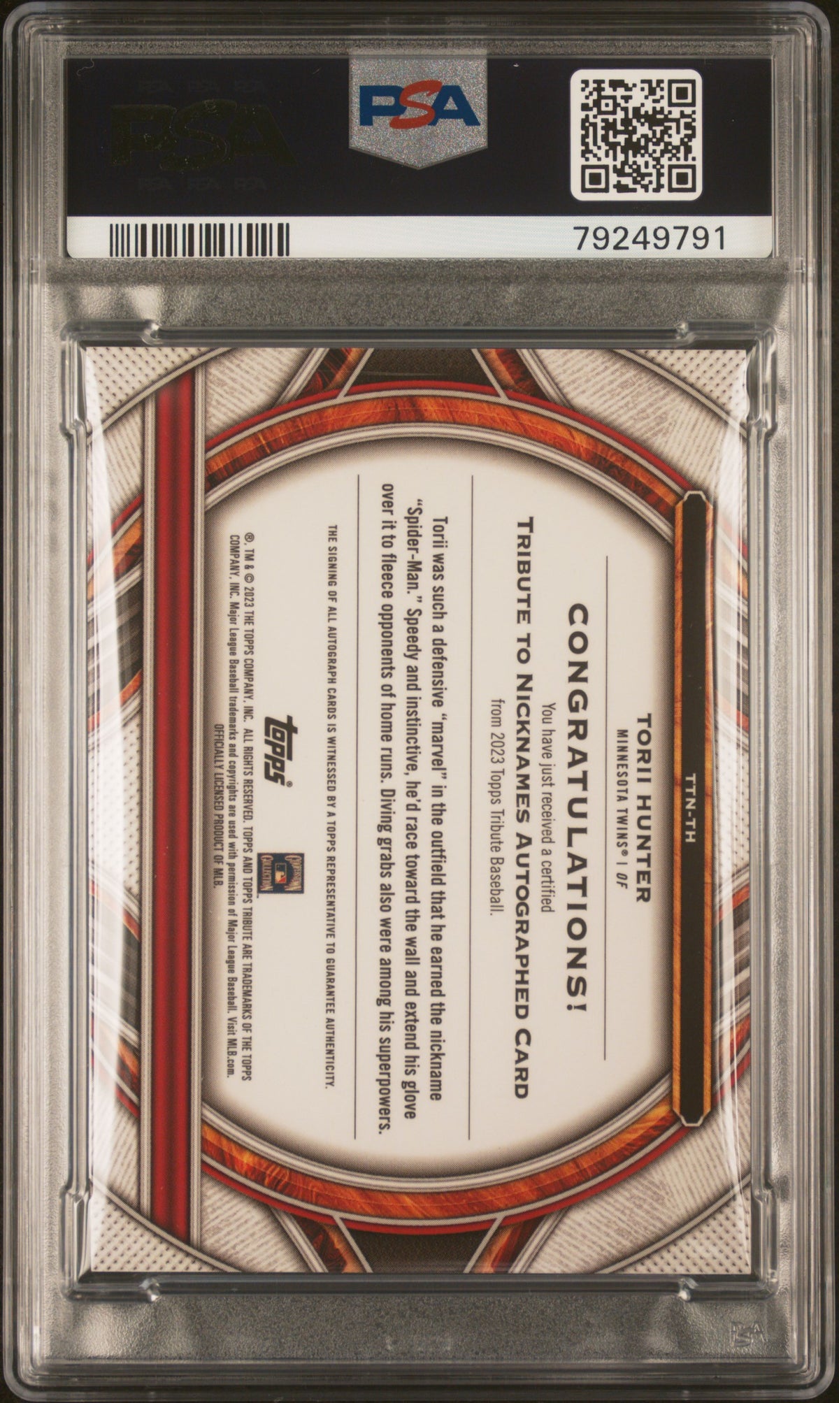 2023 Topps Tribute  Nicknames Auto Torii Hunter #TTNTH Ncknms Org PSA 10 Auto 10