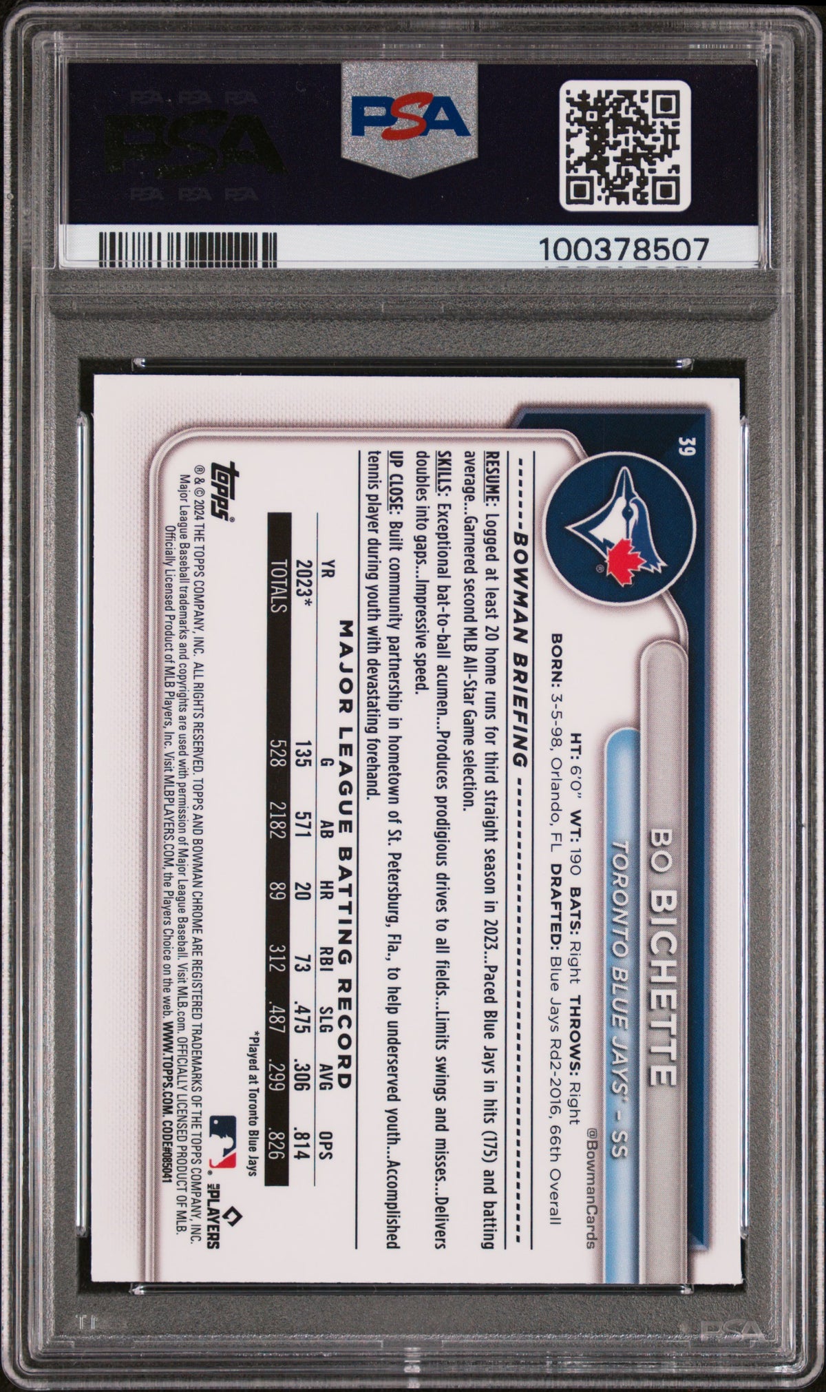 2024 Bowman Chrome Bo Bichette #39 Green Refractor PSA 9