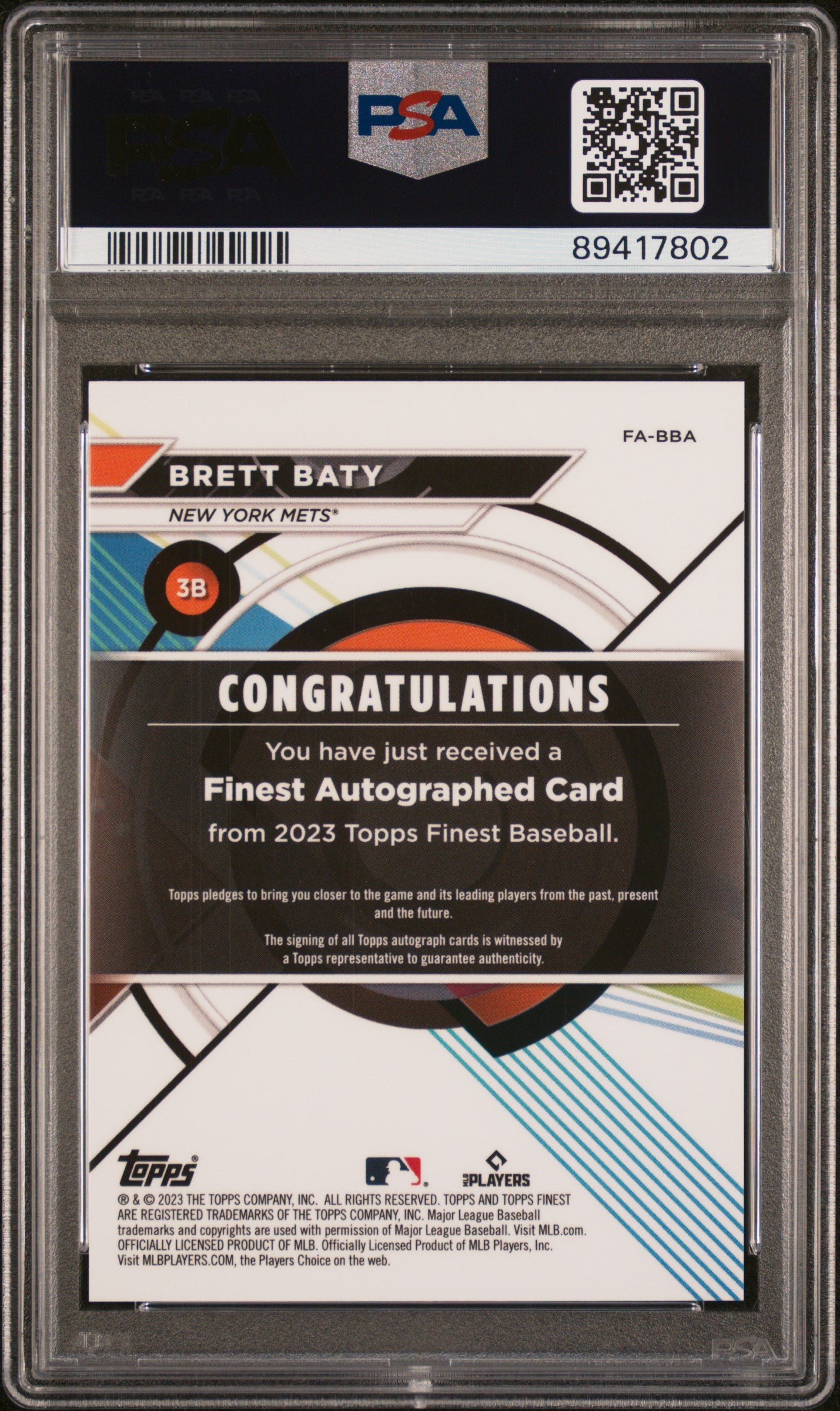 2023 Topps Finest Finest Autographs Brett Baty #BBA Blue 127/150 PSA 10