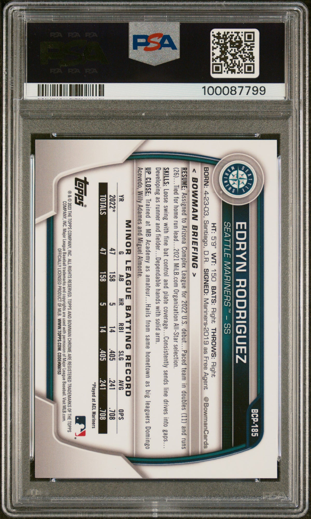 2023 Bowman Chrome Sapphire Edition  Edryn Rodriguez #185 Purple /25 PSA 10
