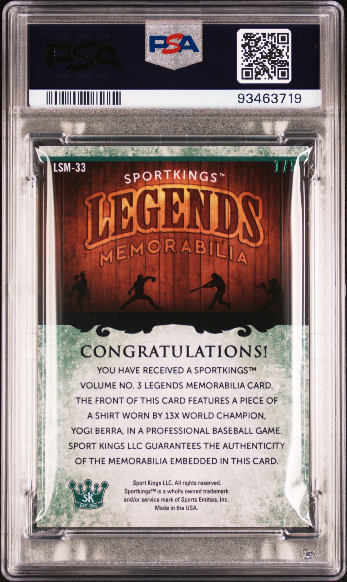 2022 Sportkings 3 Legends Single Memorabilia Yogi Berra #LSM33 Green PSA 9