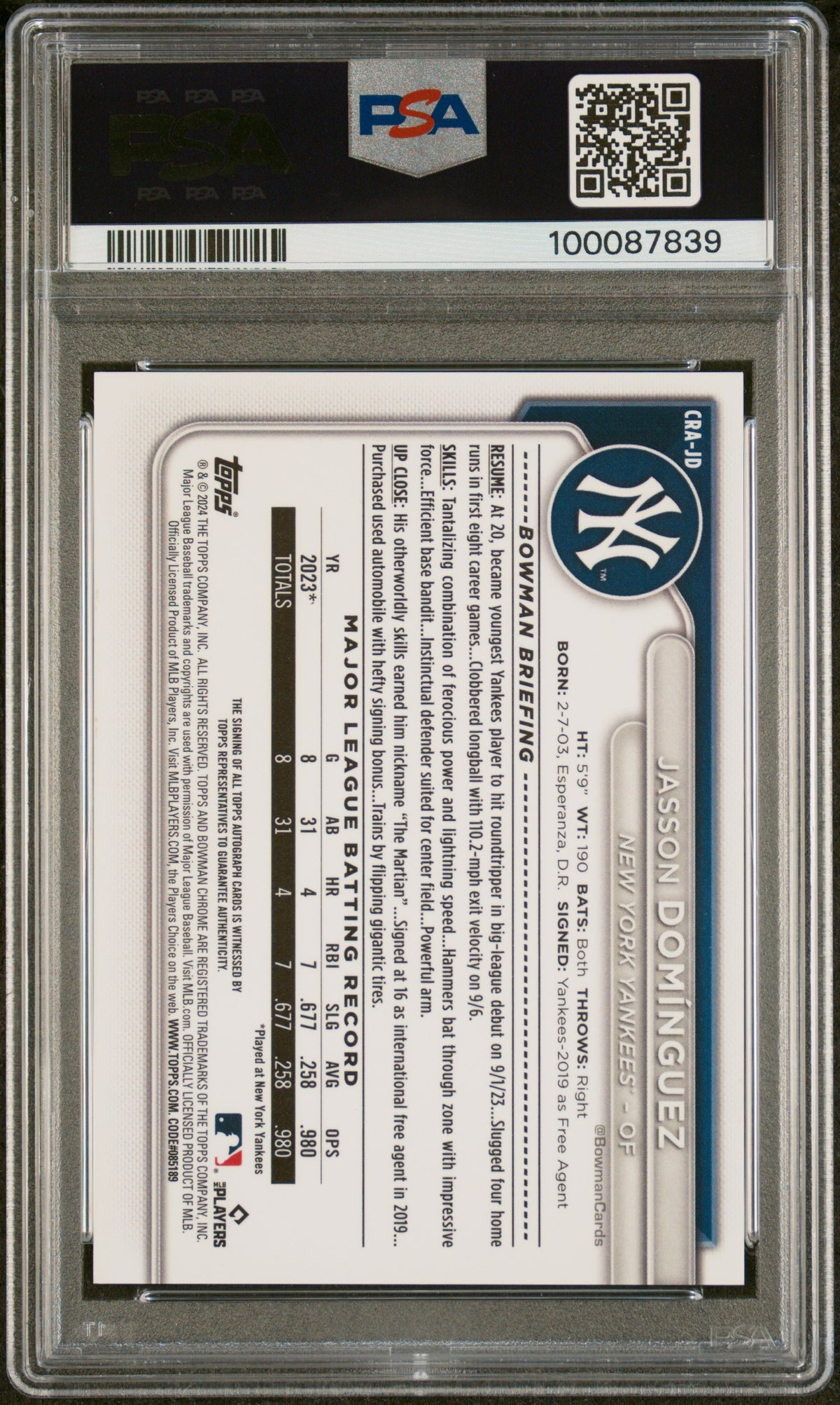 2024 Bowman Chrome Rookie AutoJasson Dominguez #CRAJD Orange Ref 02/25 PSA 10