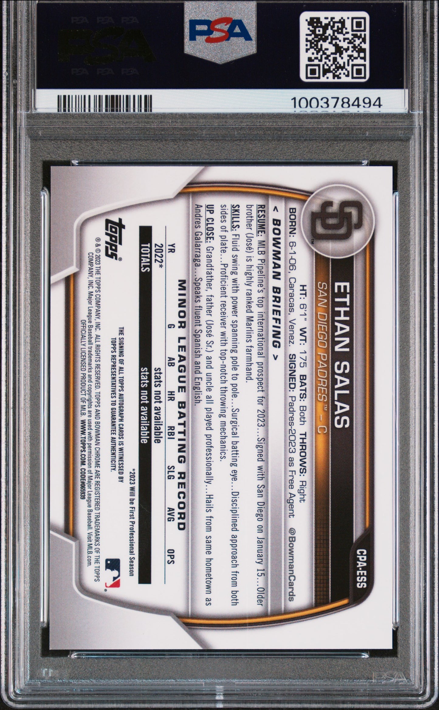 2023 Bowman Chrome Prospect Autographs Ethan Salas #CPAESS PSA 9
