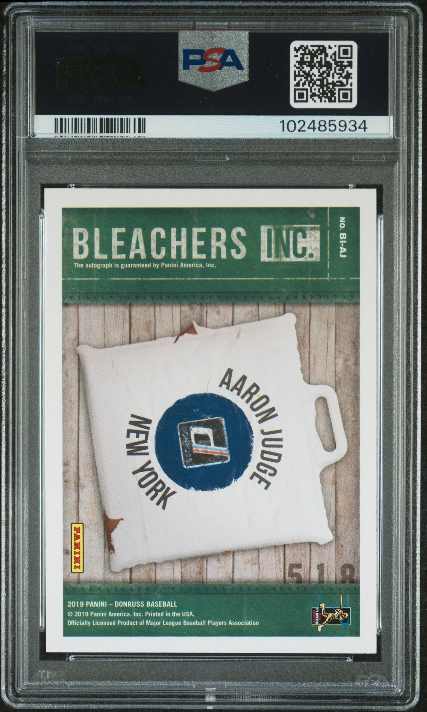 2019 Panini Donruss Bleachers Inc. Autographs Aaron Judge #BI-AJ PSA 10