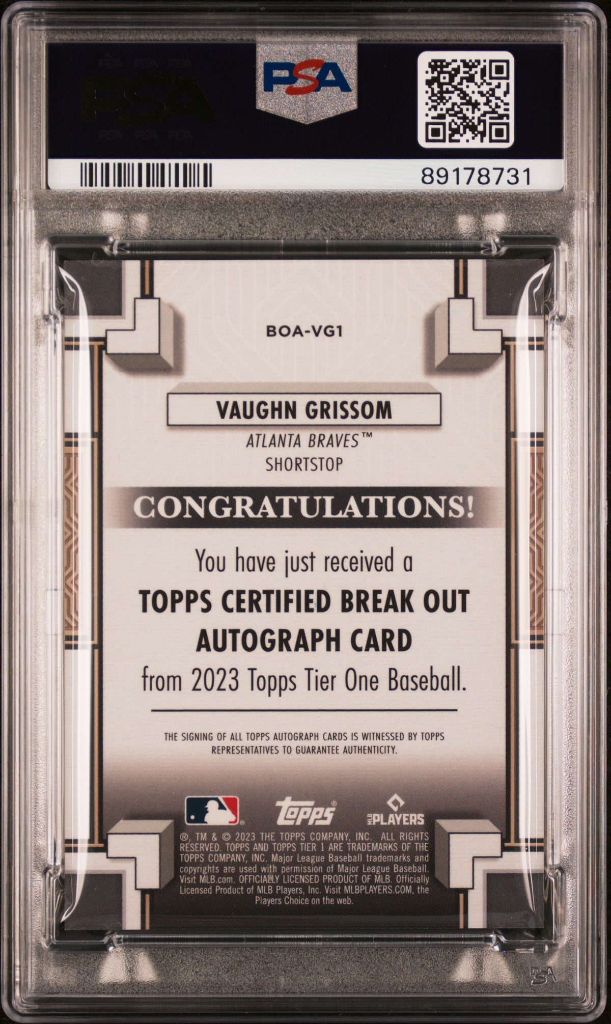 2023 Topps Tier One Break Out Autographs Vaughn Grissom #BOAVG1 274/299 PSA 10