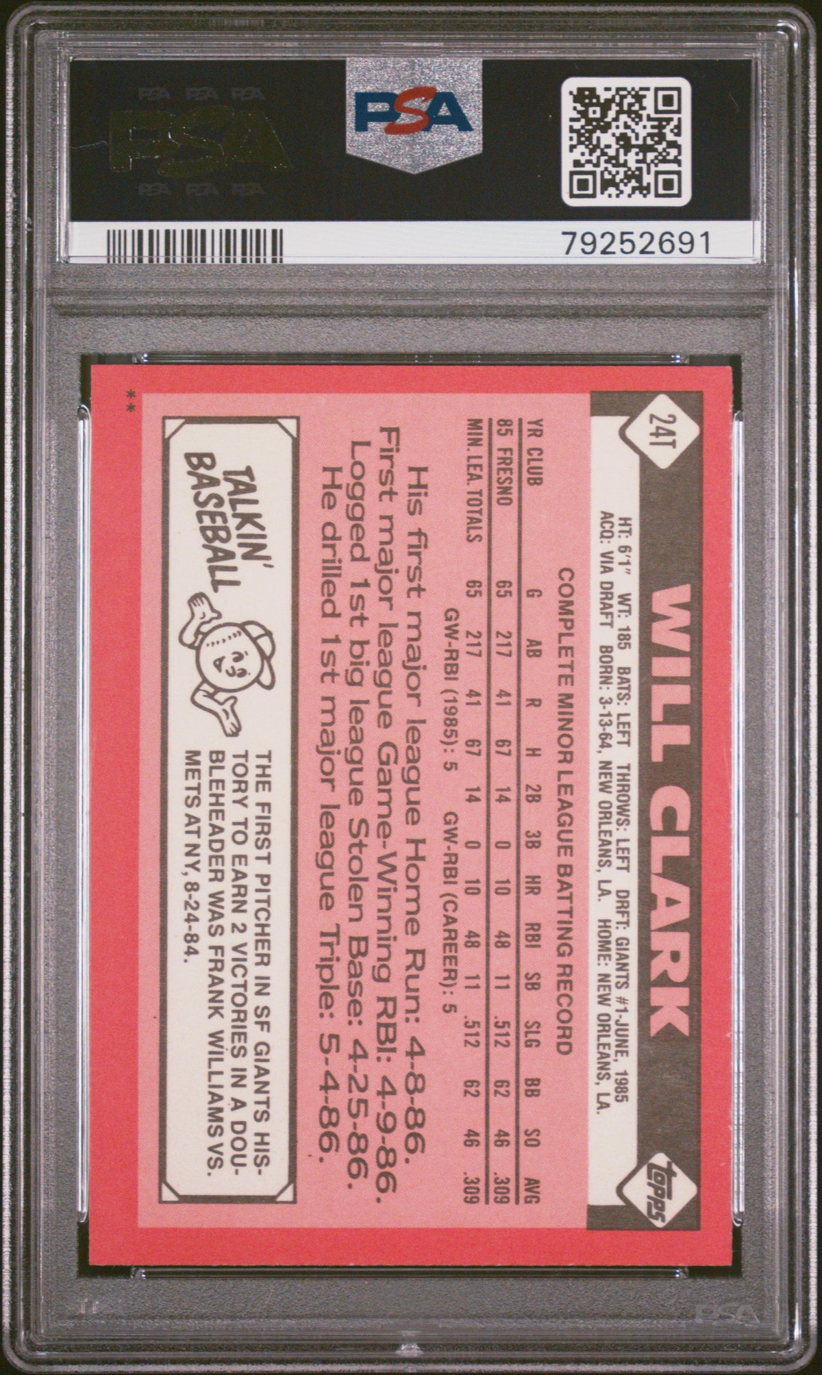 1986 Topps Traded Will Clark #24T PSA 9