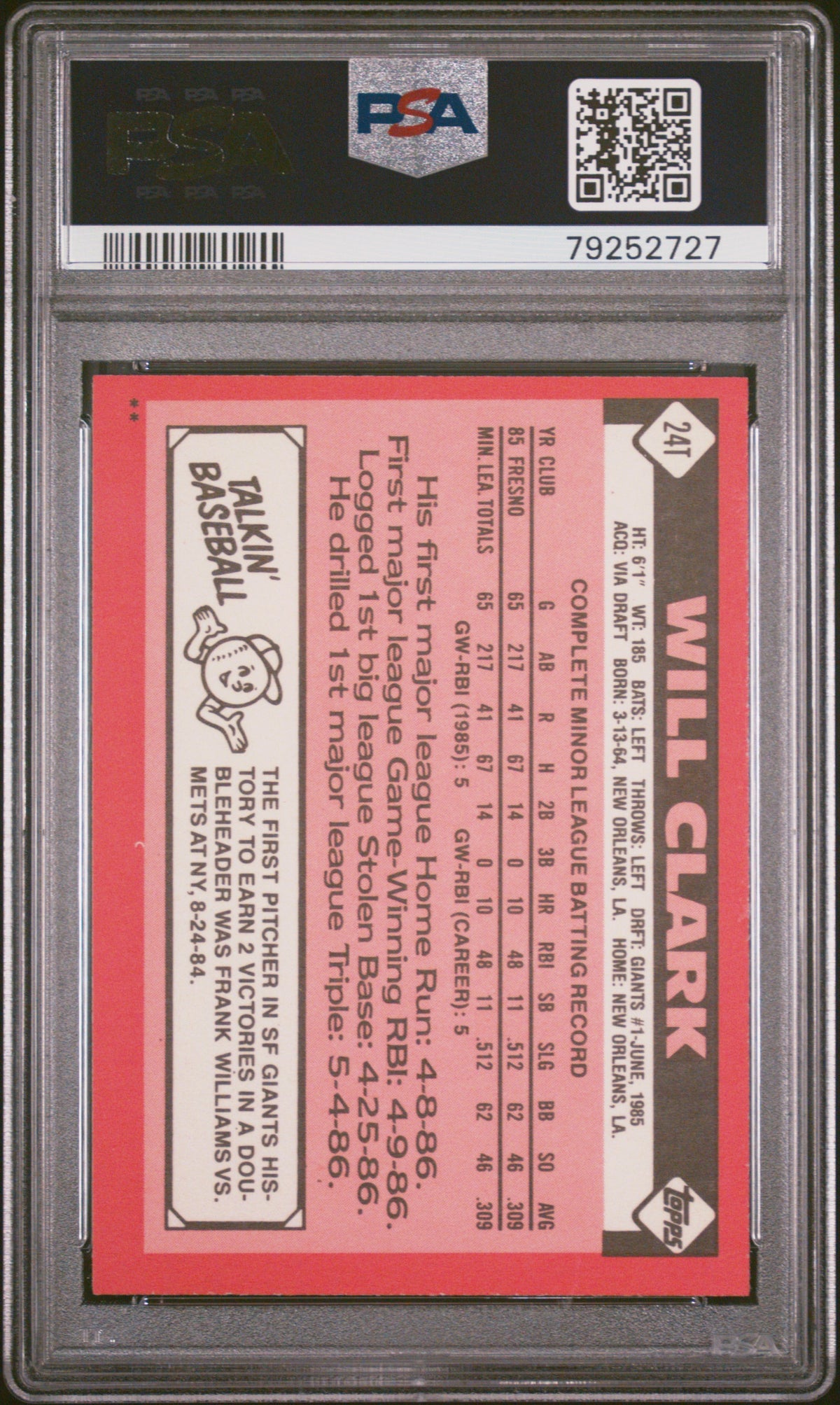 1986 Topps Traded Will Clark #24T PSA 8