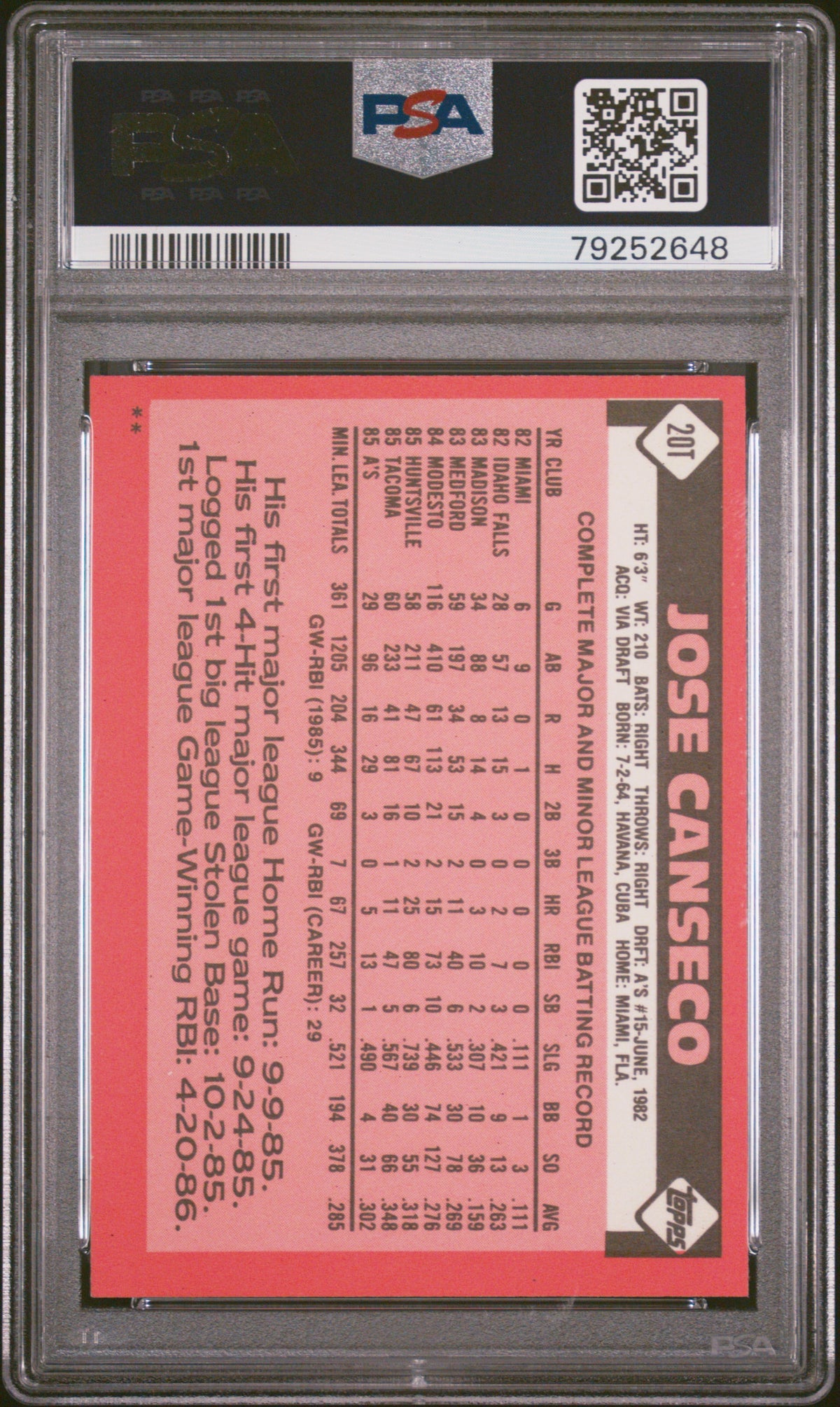 1986 Topps Traded Jose Canseco #20T PSA 8