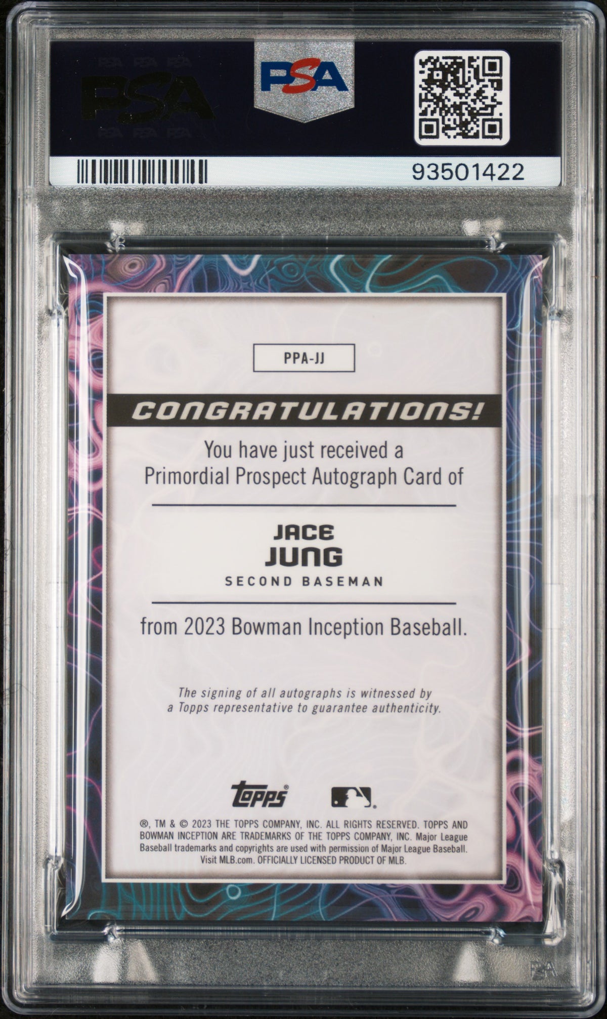2023 Bowman Inception Prospects Auto Jace Jung #PPAJJ Blue Foil /75 PSA 9