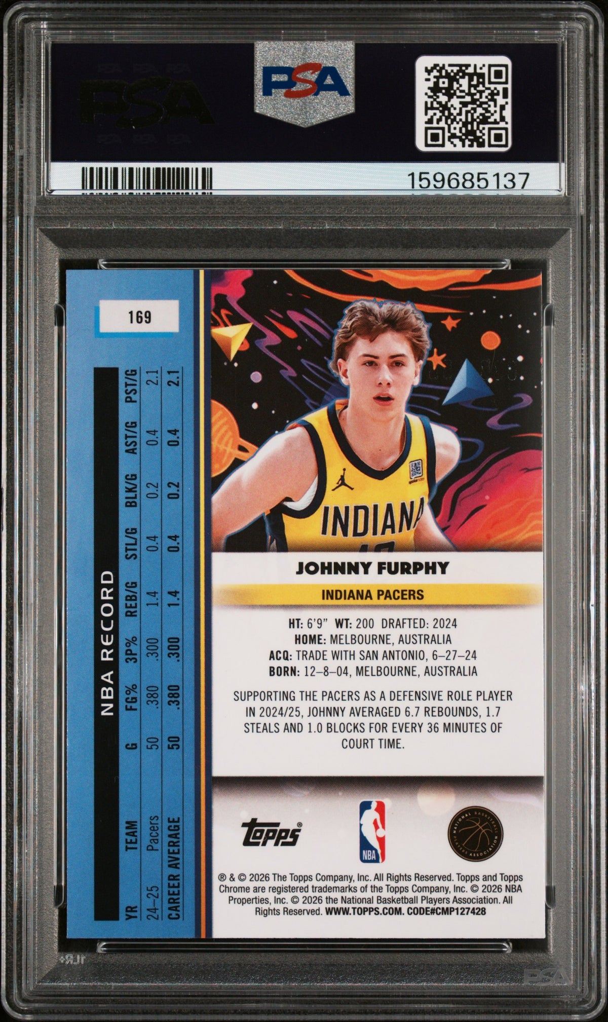 2025 Topps Cosmic Chrome Johnny Furphy #169 Purple Nebula 150/150 PSA 8