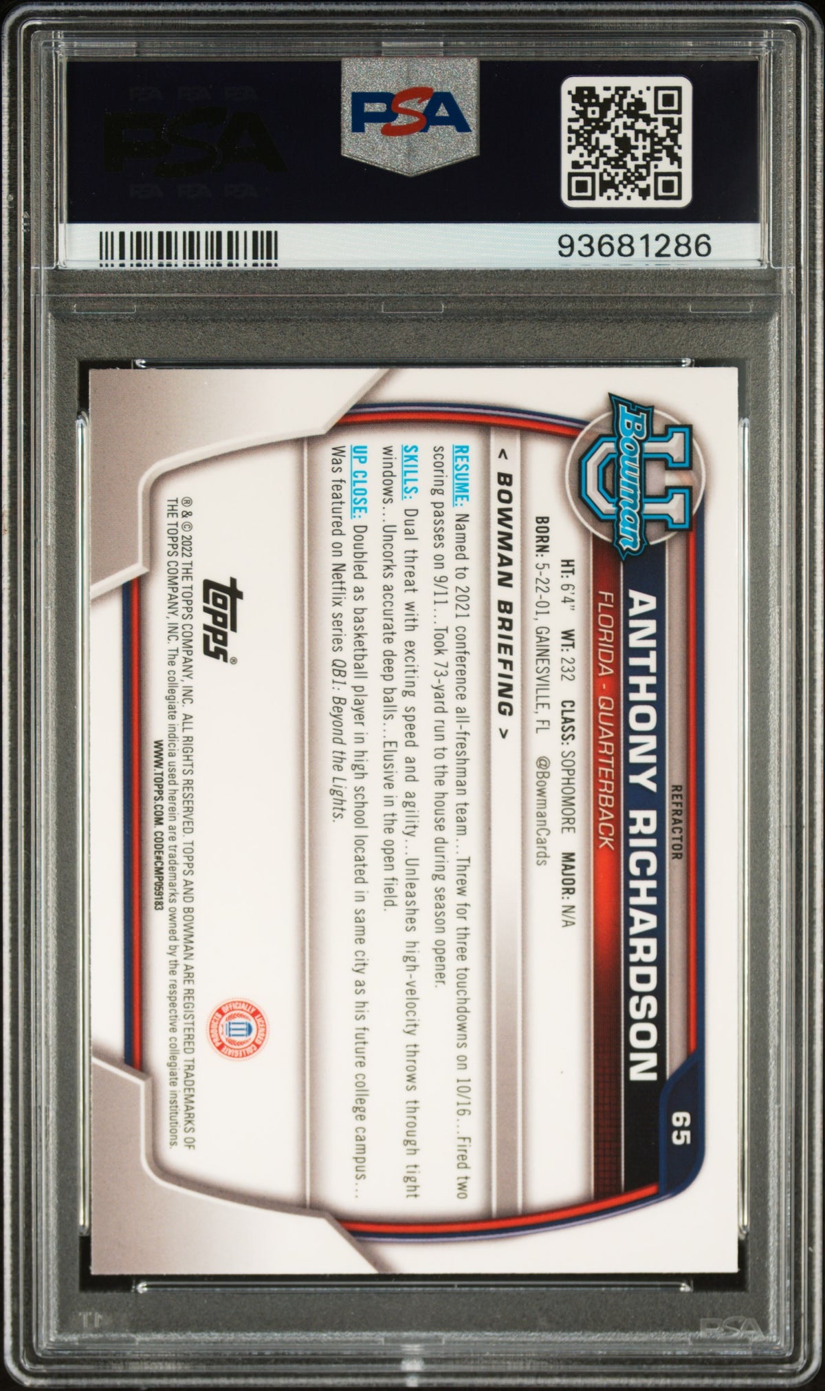 2022 Bowman University Chrome Prospects Anthony Richardson #65 Refractor PSA 10