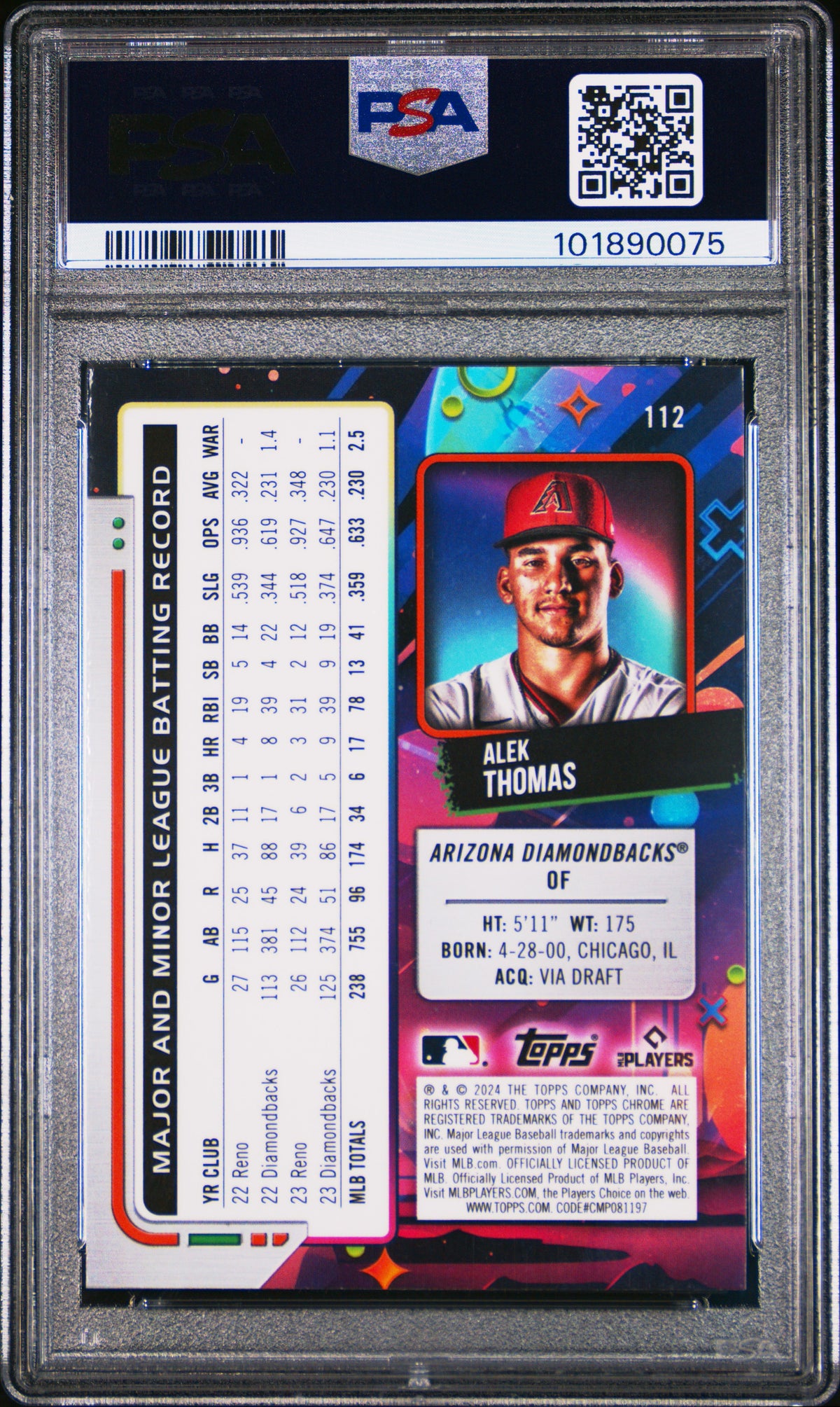 2024 Topps Chrome Cosmic Alek Thomas #112 Aqua Equinox Refractor 115/199 PSA 10