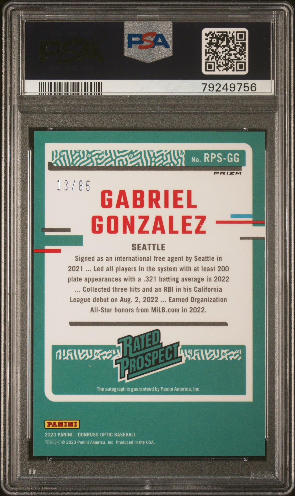 2023 Panini Donruss Optic Prospect  Gabriel Gonzalez #RPSGG RP Orange PSA 10