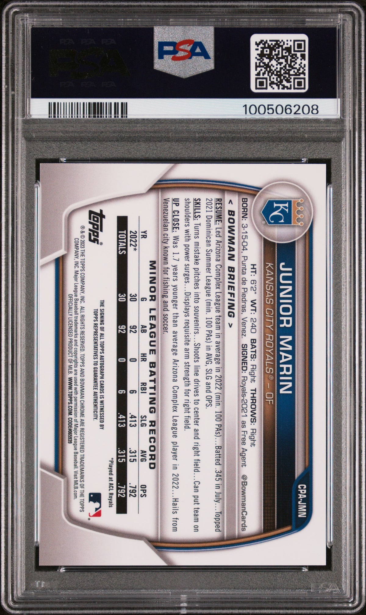 2023 Bowman Chrome Prospect Auto  Junior Marin #CPAJMN Green Lava /99 PSA 10