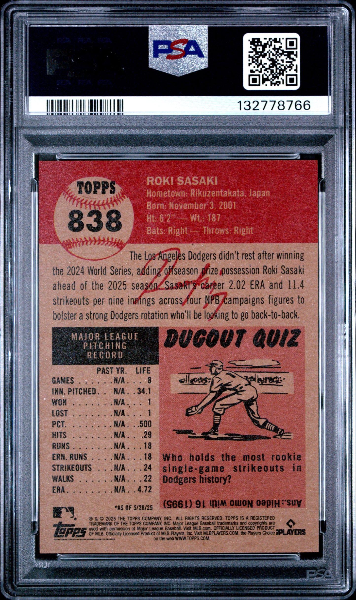 2025 Topps Living Roki Sasaki #838 PSA 9