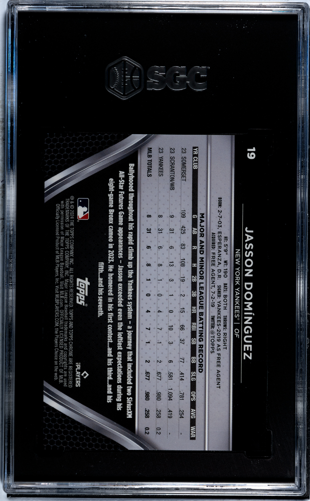 2024 Topps Chrome Black Jasson Dominguez #19 Purple Mini Dmnd. Refractor SGC 10