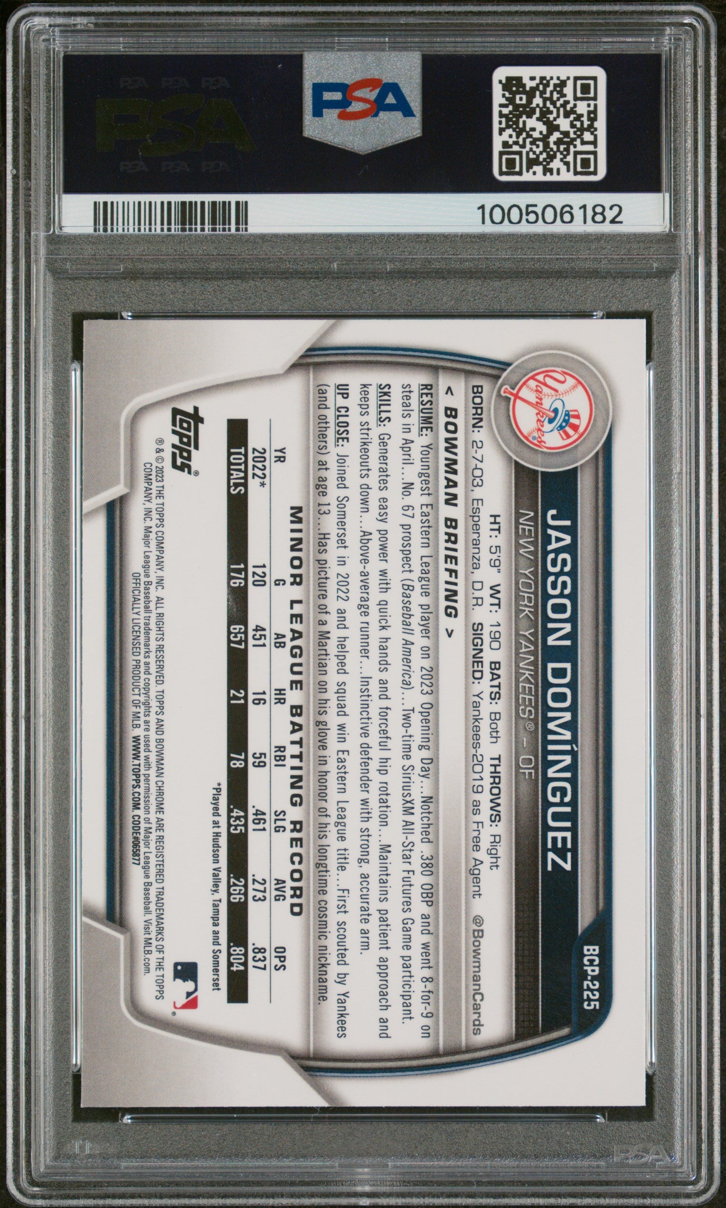 2023 Bowman Chrome Prospects Jasson Dominguez #BCP225 Shimmer Ref PSA 8