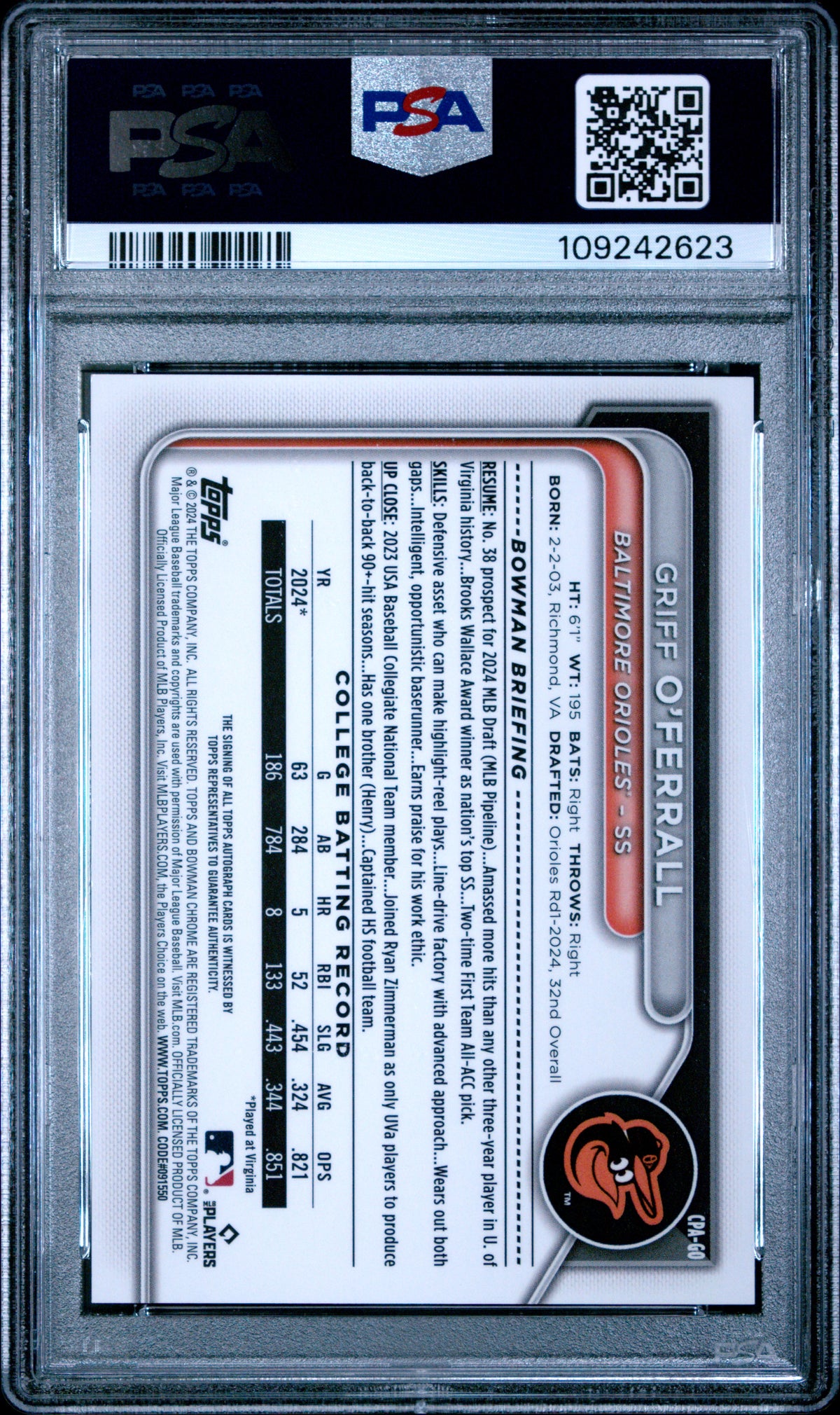 2024 Bowman Draft Chrome Prospect Autog Griff O'ferrall #CPAGO Yellow /75 PSA 9